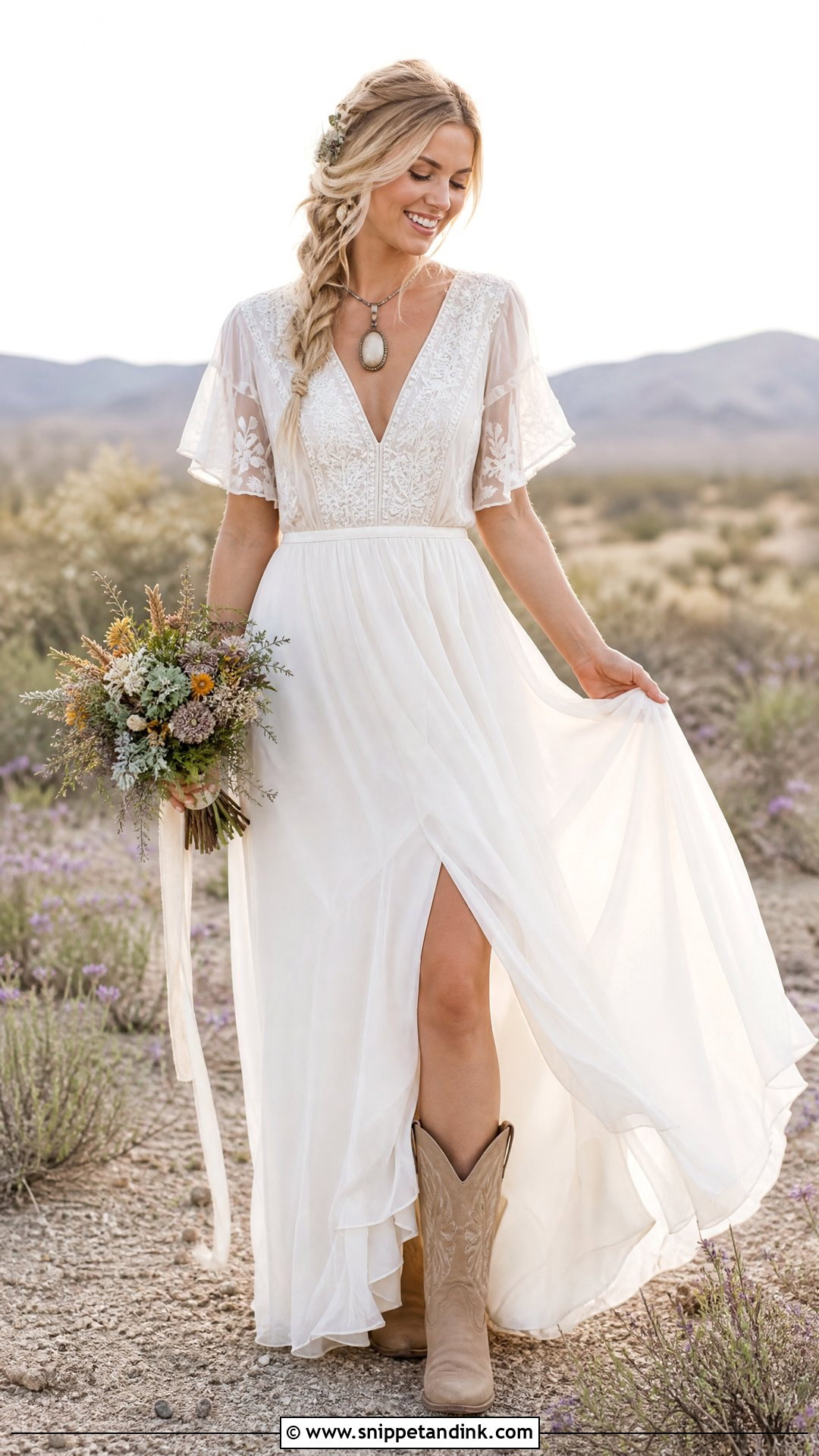 Boho Wedding Dress With Tan Cowboy Boots - Snippet and Ink - 20 Wedding Dress and Cowboy Boots Ideas