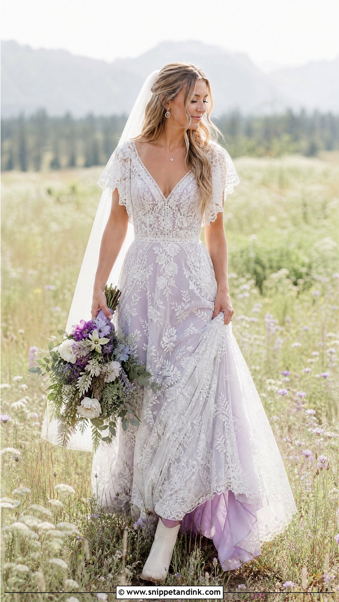 Boho White Lace Dress With Lavender Underlay - Snippet and Ink - 25 Purple and White Wedding Dress Ideas