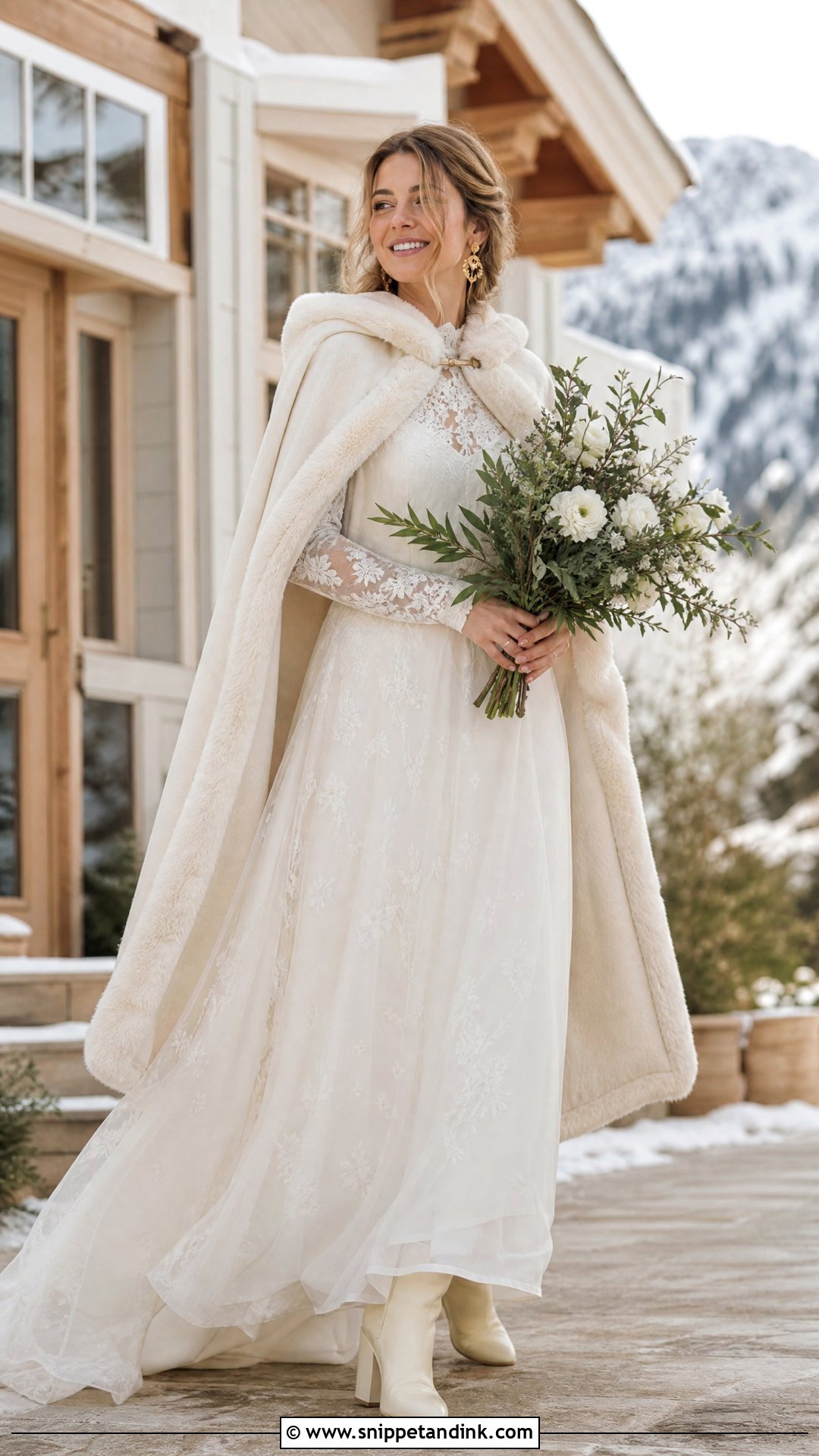 Boho Winter Wedding Dress With Fur Lined Cape - Snippet and Ink - 25 Winter Wedding Dress Fur Ideas