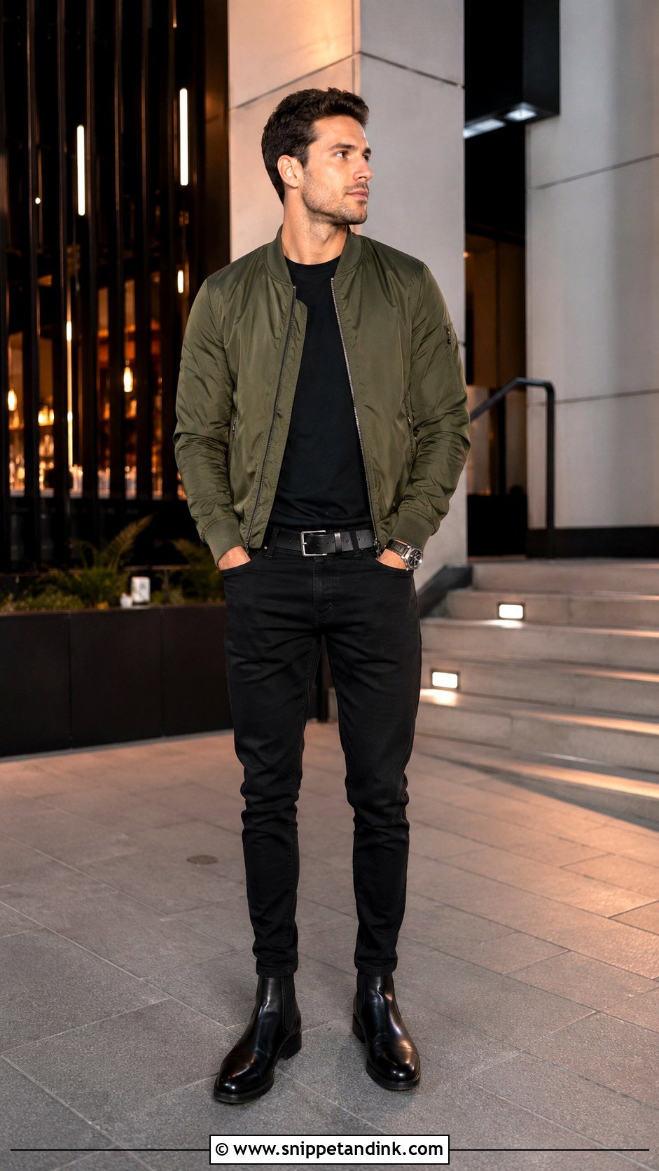 Bomber Jacket And Black Jeans Bachelor Party Outfit - Snippet and Ink - 20 Bachelor Party Outfit Ideas