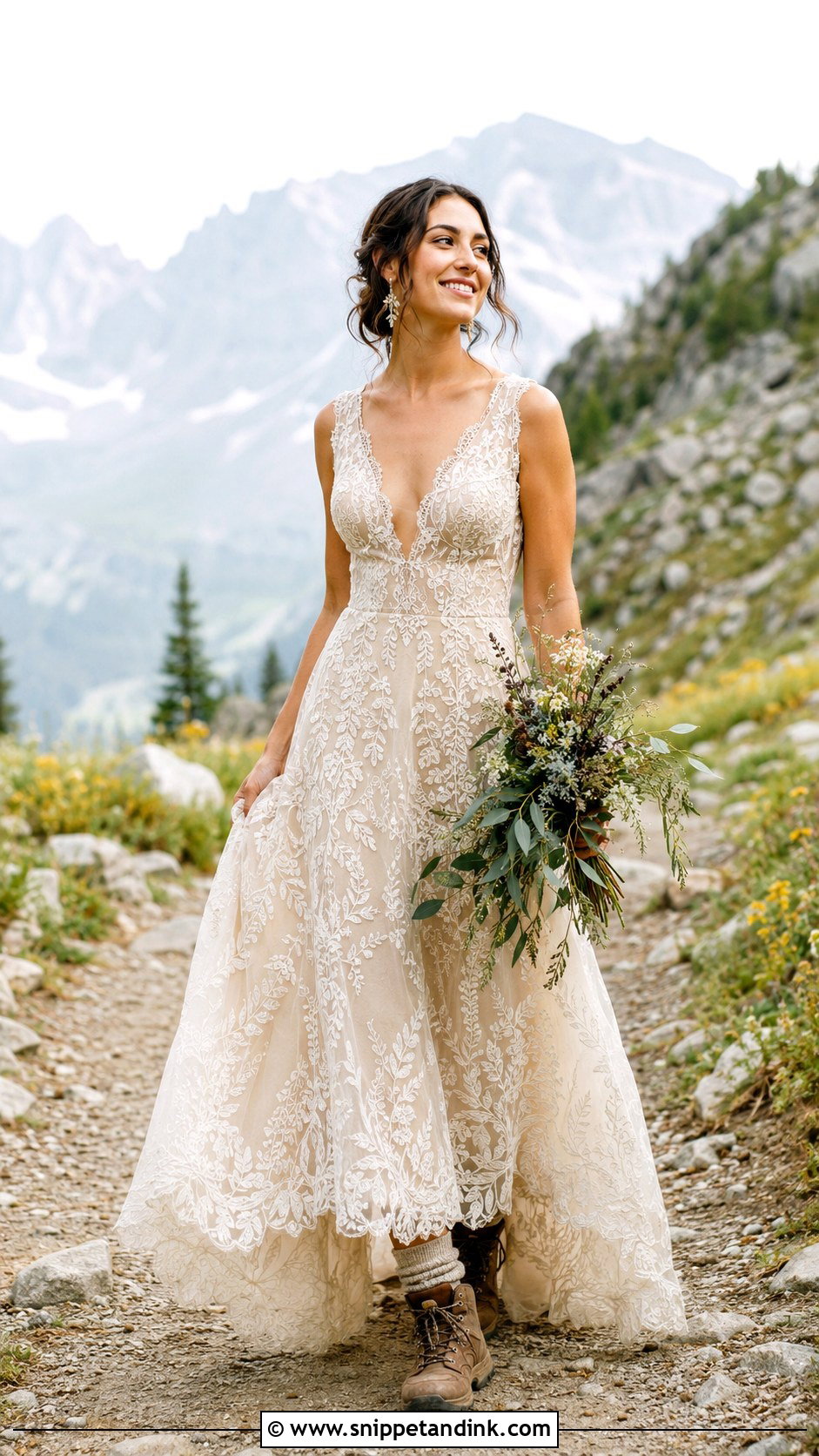 Botanical Lace Wedding Dress With Hiking Boots - Snippet and Ink - 20 Granola Wedding Dress Ideas