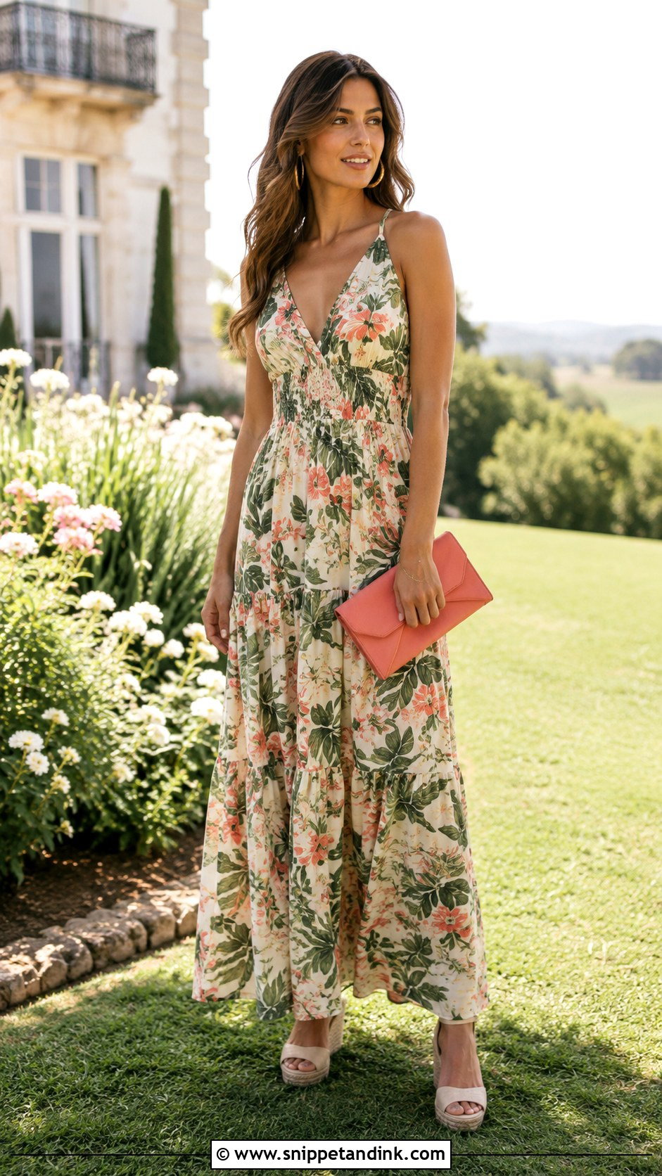 Botanical Print Maxi Dress With Wedge Sandals - Snippet and Ink - 20 Elevated Garden Party Wedding Attire Ideas