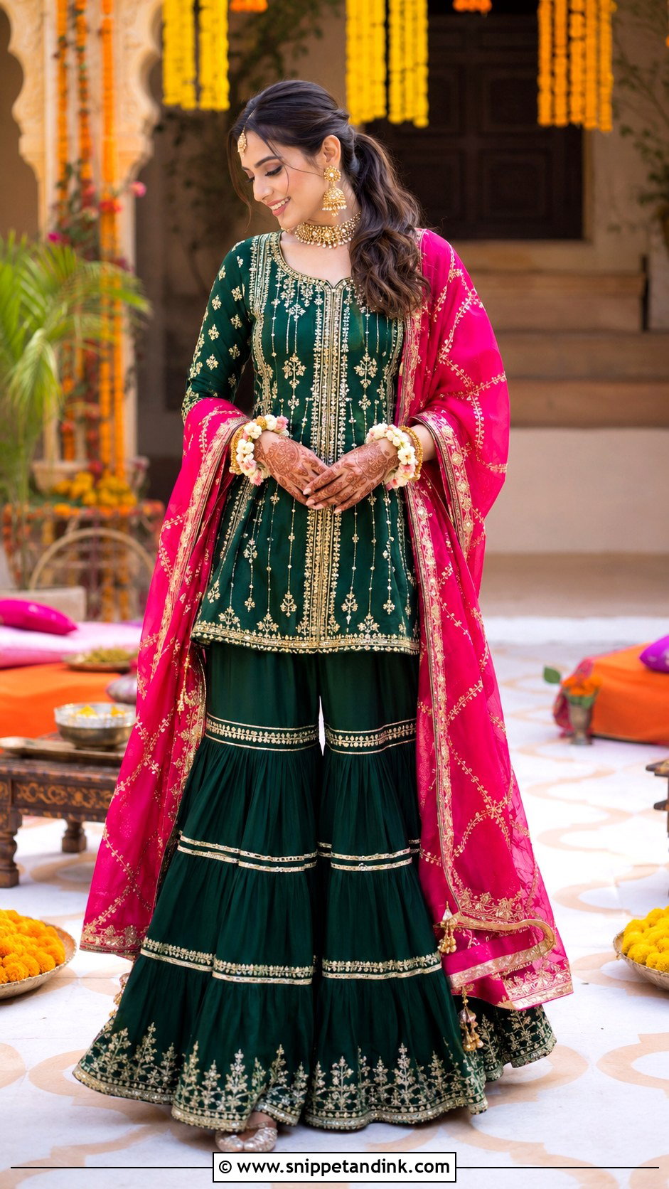 Bottle Green Gota Patti Bridal Mehndi Sharara - Snippet and Ink - 20 Green Bridal Mehndi Outfit Ideas