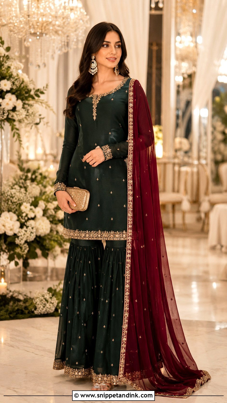 Bottle Green Sharara With Maroon Dupatta - Snippet and Ink - 20 Maroon Dupatta Combination Ideas