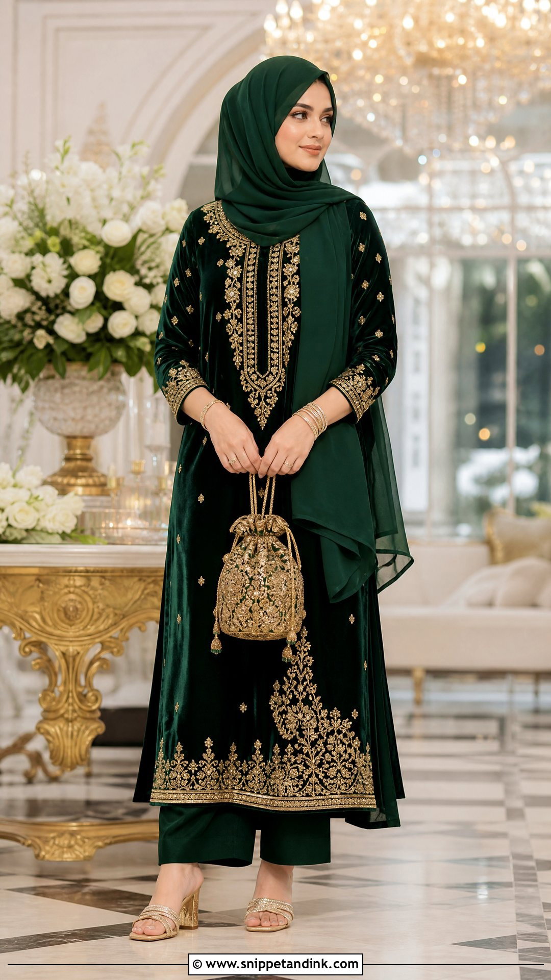 Bottle Green Velvet Suit With Hijab - Snippet and Ink - 20 Pakistani Hijab for Wedding Party Ideas