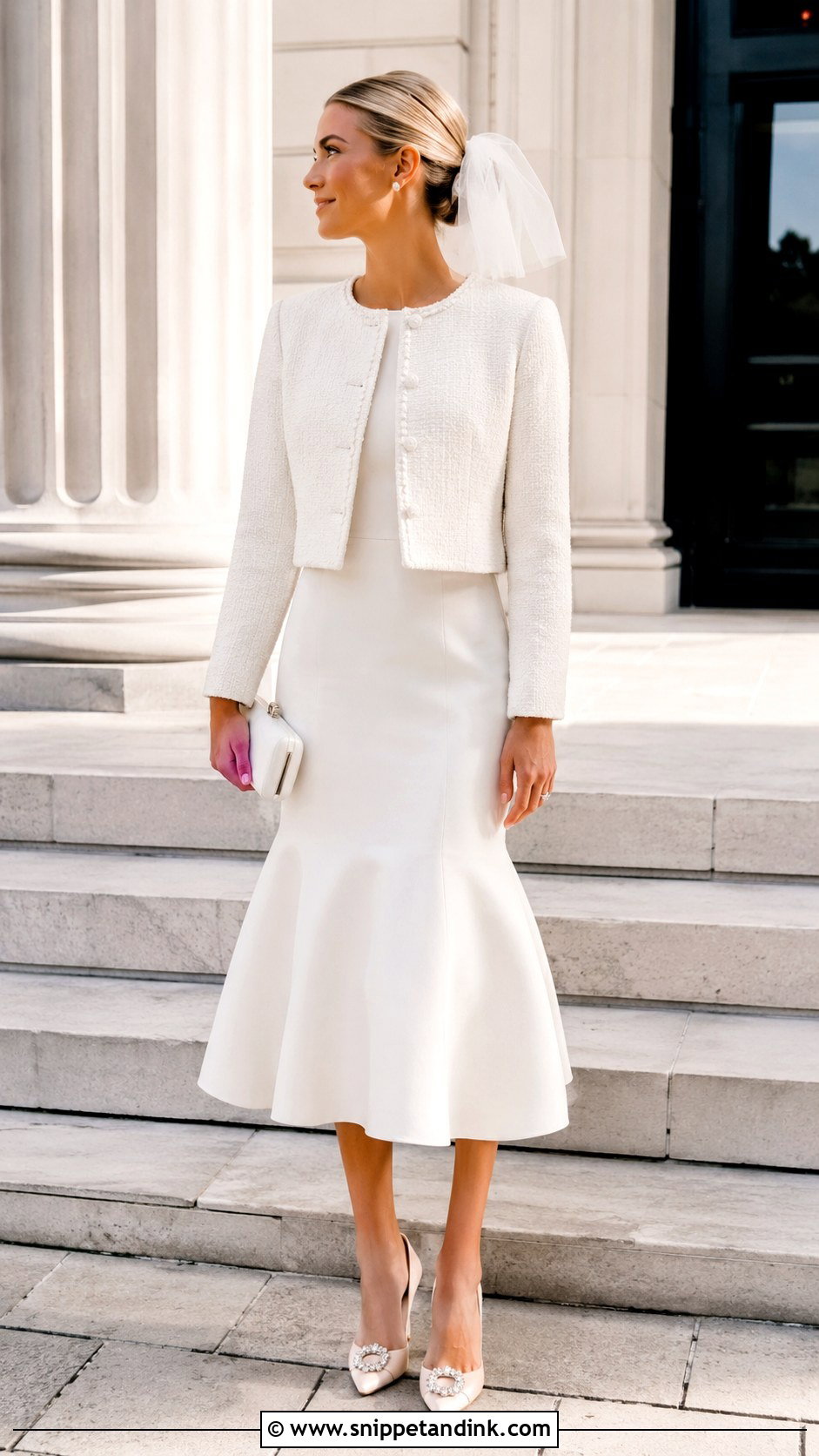 Boucle Wedding Coat With Tea Length Dress - Snippet and Ink - 20 Wedding Coats for Brides Ideas