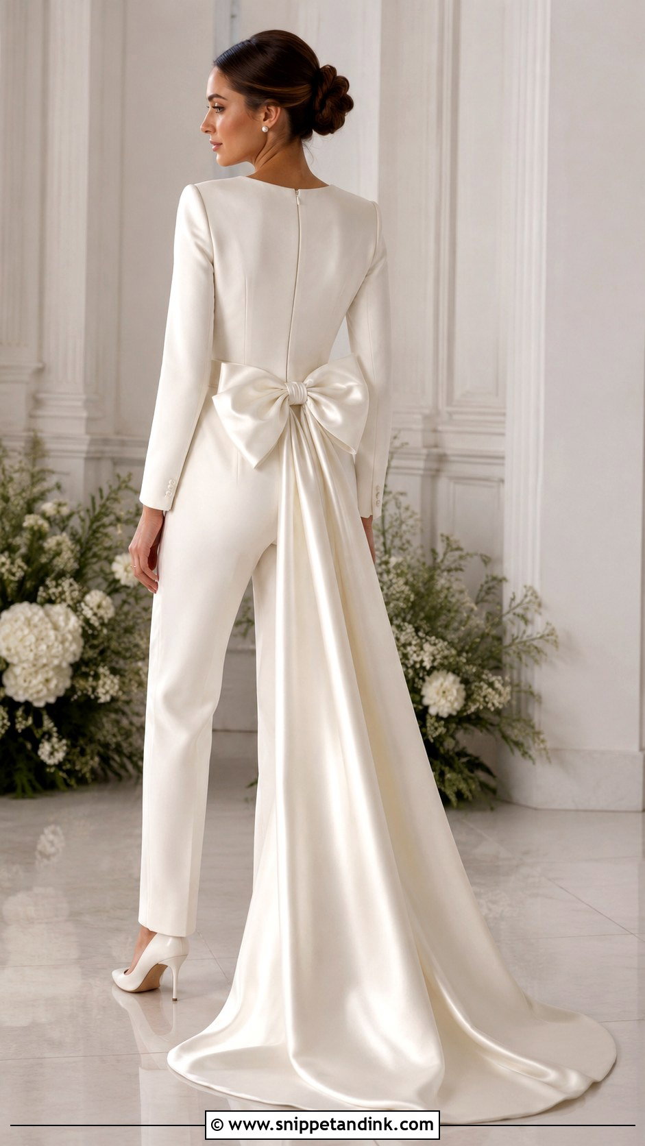 Bow Back Bridal Jumpsuit With Train - Snippet and Ink - 25 Bridal Jumpsuit with Train Ideas