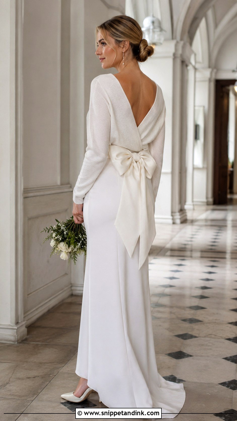 Bow Back Bride Sweater With Crepe Dress - Snippet and Ink - 20 Bride Sweater Ideas
