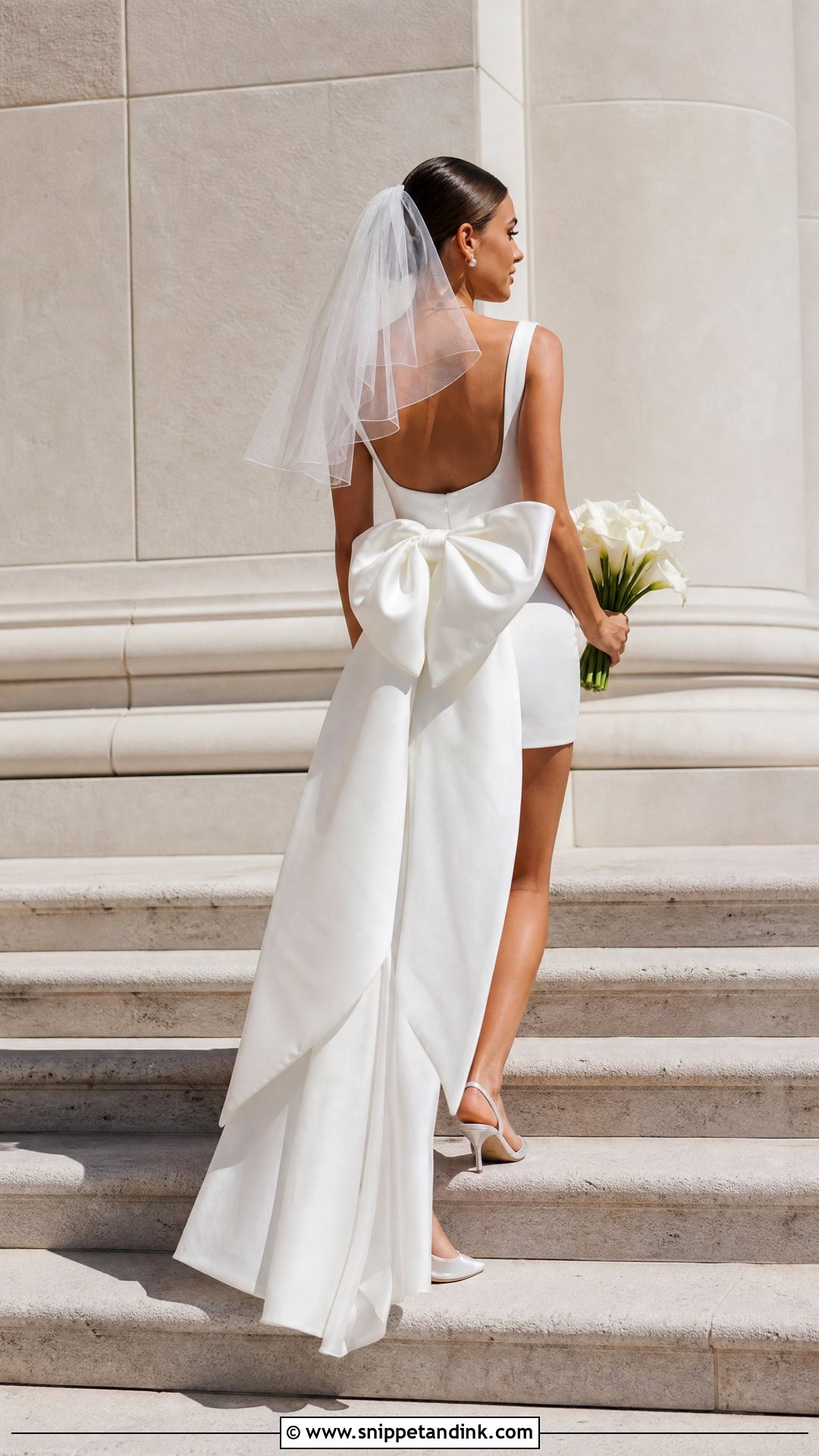 Bow Back Mini Bridal Gown With Slingback Heels - Snippet and Ink - 25 Short Bridal Gown Ideas