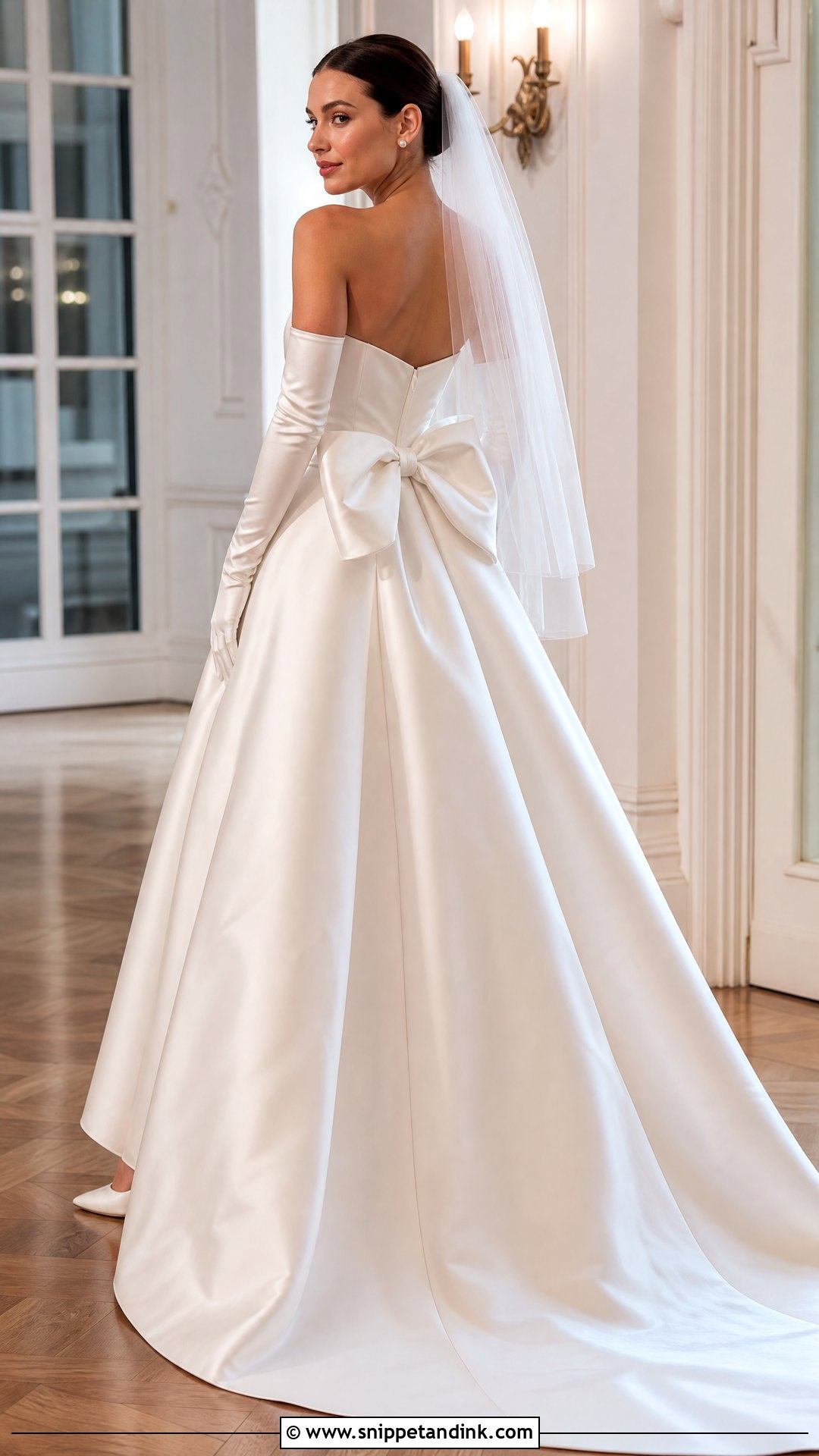 Bow Back Satin Wedding Dress With Opera Gloves - Snippet and Ink - 20 Satin Wedding Dress with Gloves Ideas
