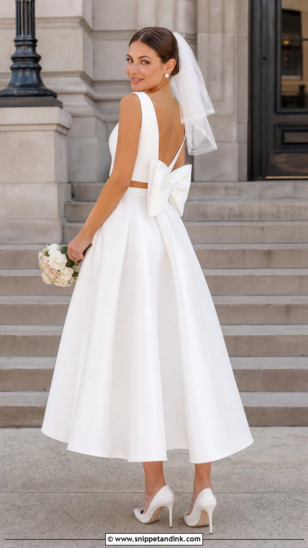 Bow Back Top And Tea Length Skirt Two Piece Wedding Dress - Snippet and Ink - 20 Wedding Two Piece Dress Ideas