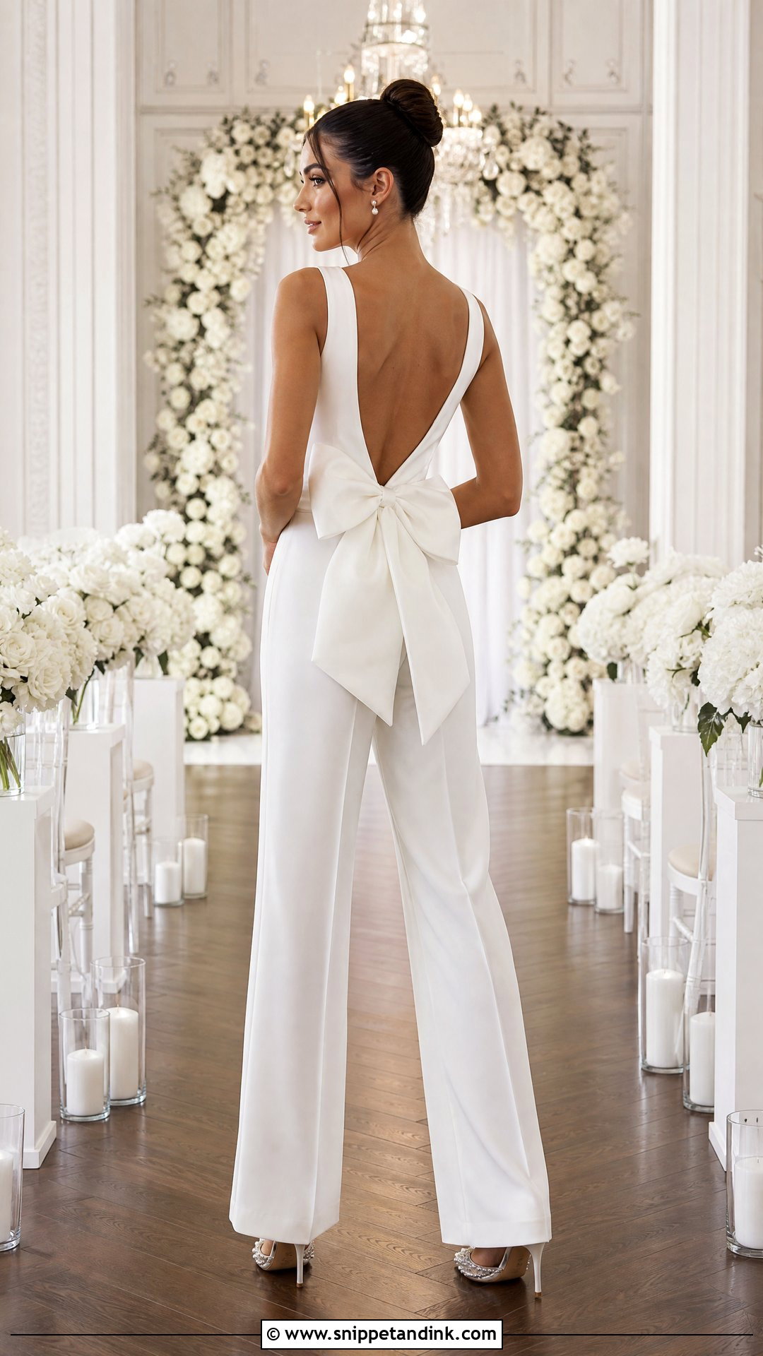 Bow Back White Bridal Jumpsuit With Pearl Heels - Snippet and Ink - 20 White Bridal Jumpsuit Ideas