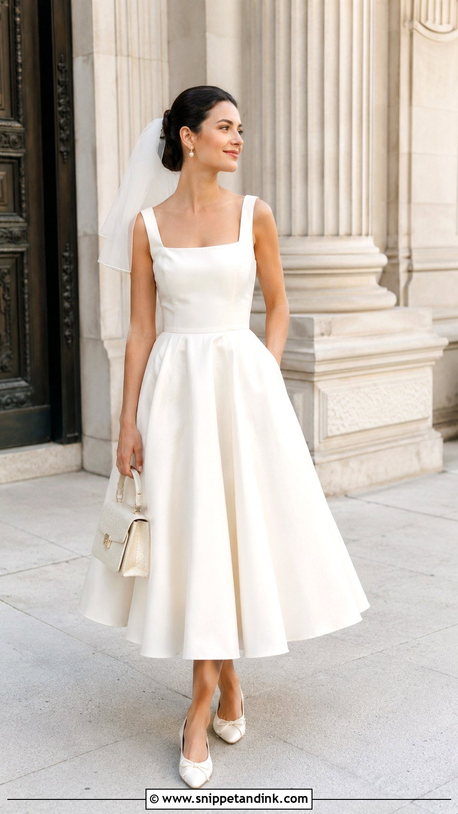 Bow Bridal Ballet Flats With Tea Length Wedding Dress - Snippet and Ink - 20 Bridal Ballet Flats Ideas