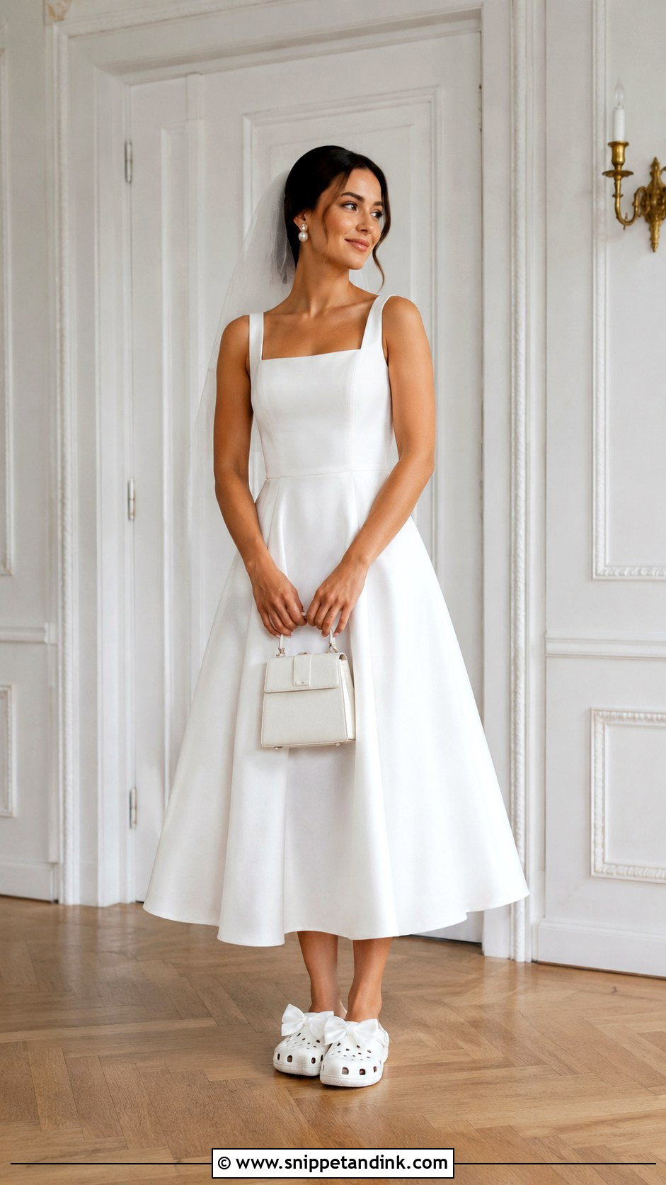 Bow Bridal Crocs With Tea Length Dress - Snippet and Ink - 20 Bridal Crocs Ideas