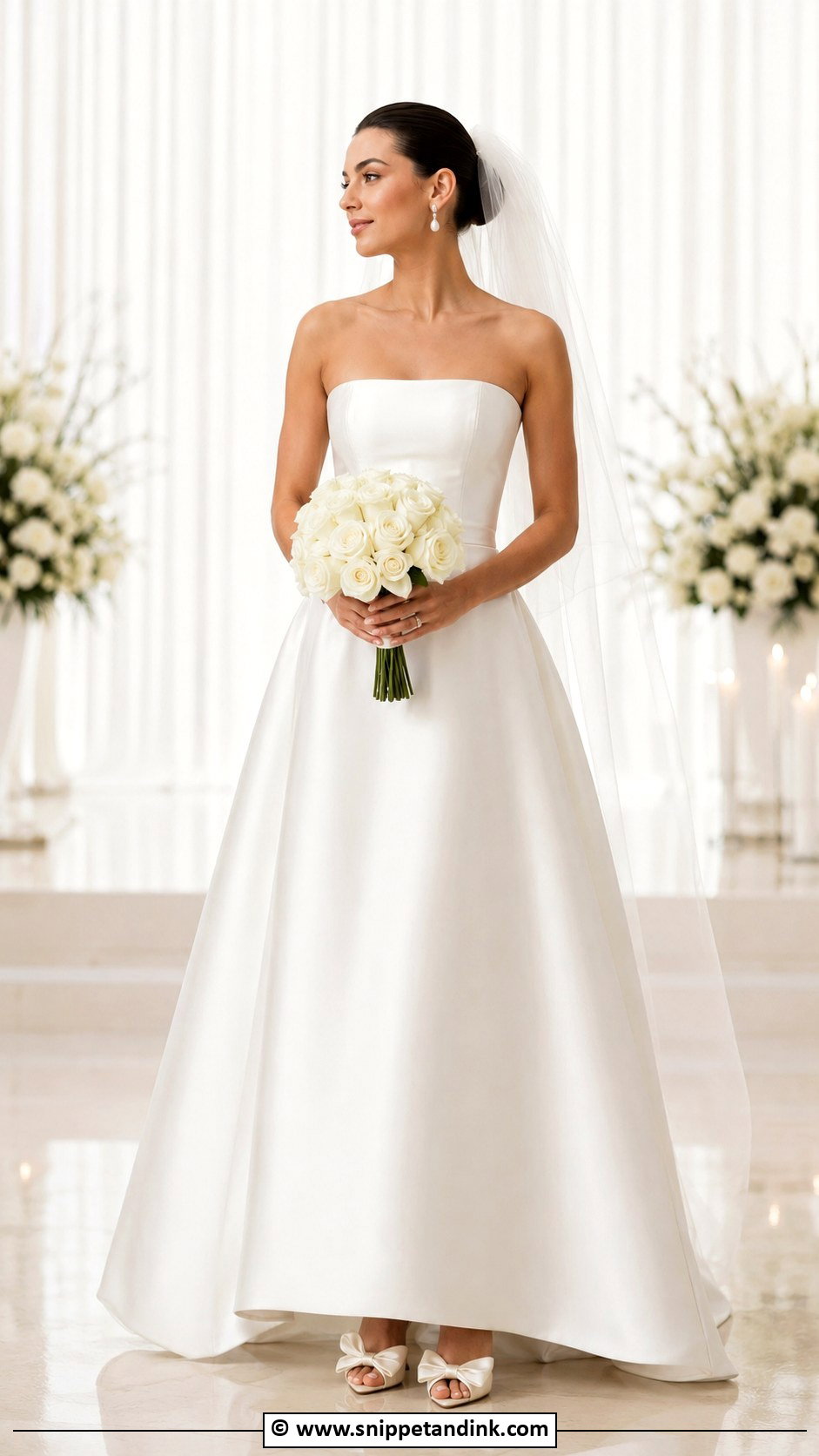Bow Bridal Heels With A Strapless Wedding Dress - Snippet and Ink - 30 Bridal Footwear Ideas