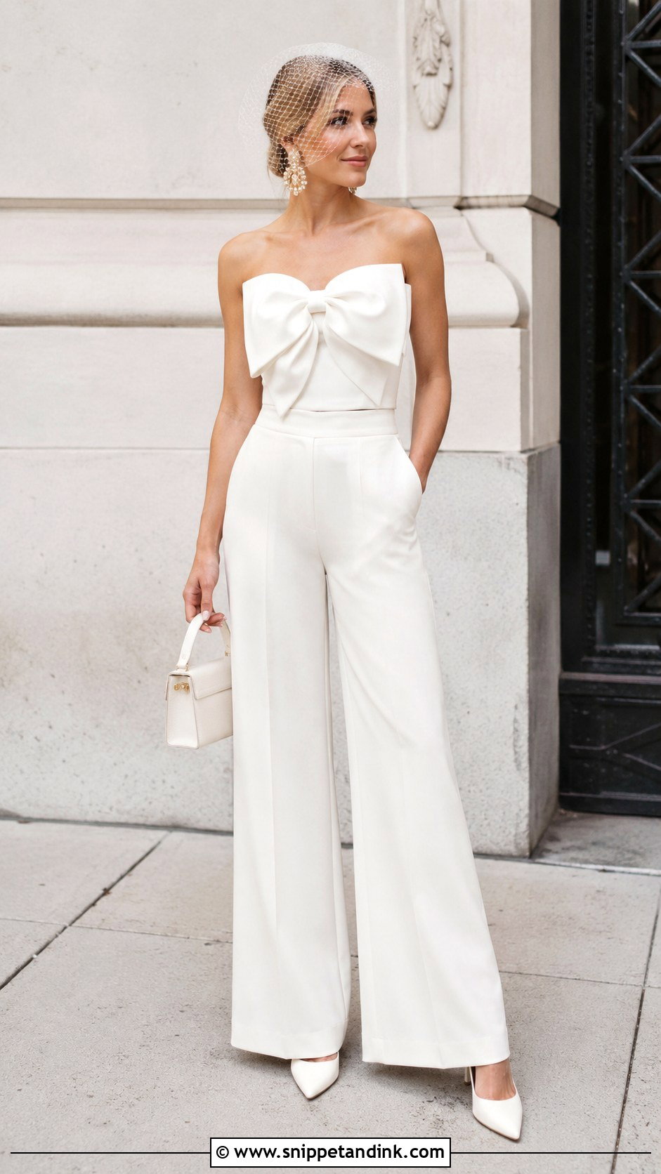 Bow Bridal Top With Wide Leg Pants - Snippet and Ink - 20 Bridal Tops Ideas
