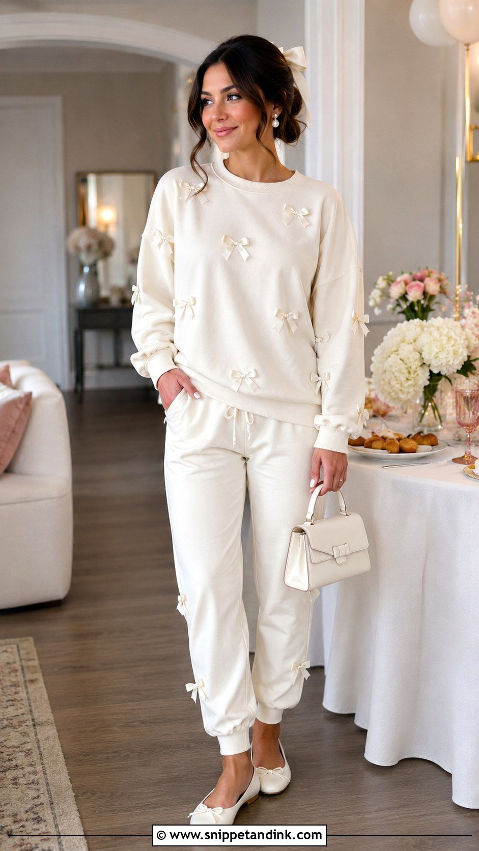 Bow Detail Bride Sweat Suit With Ballet Flats - Snippet and Ink - 20 Bride Sweat Suit Ideas