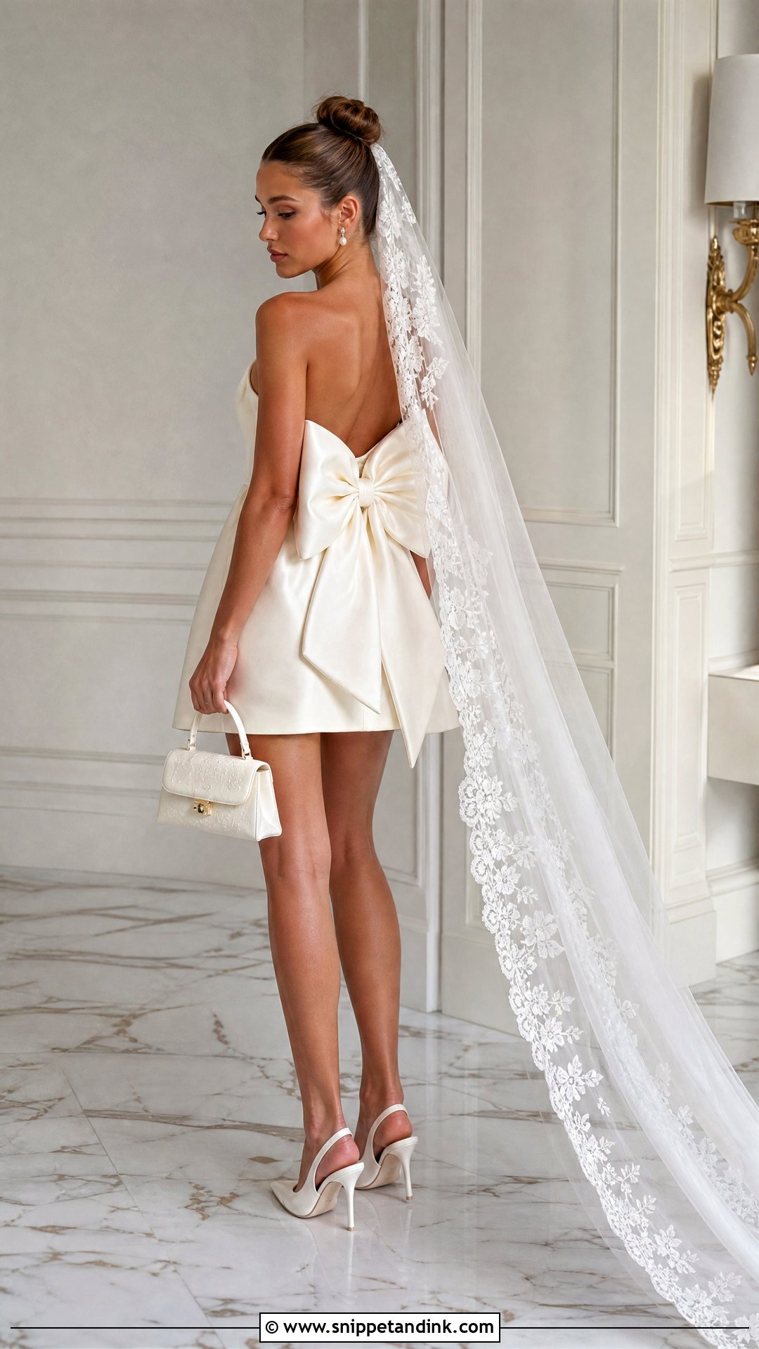 Bow Mini Dress With Lace Veil - Snippet and Ink - 20 Short Dress Long Veil Ideas