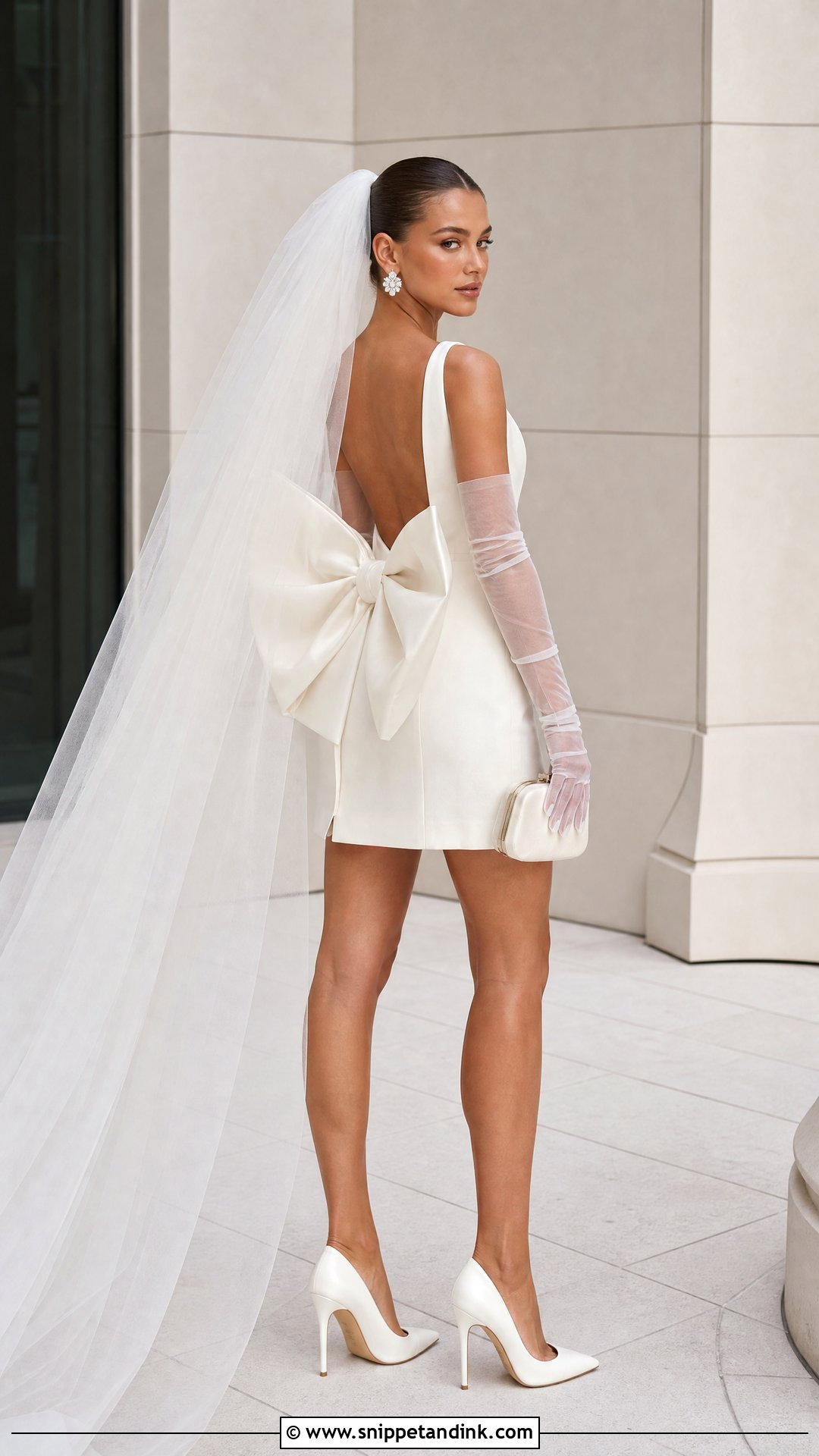 Bow Mini Wedding Dress With Sheer Opera Gloves - Snippet and Ink - 20 Short Wedding Dress with Gloves Ideas