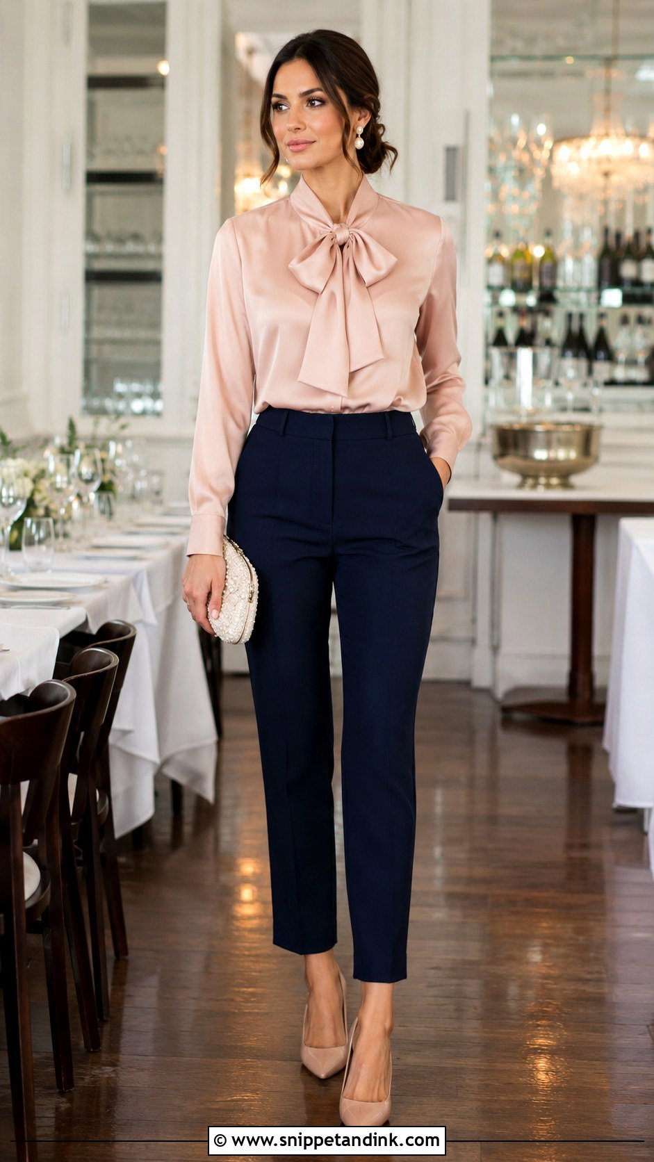 Bow Neck Blouse With Cigarette Pants Wedding Outfit - Snippet and Ink - 20 Blouse and Pants Wedding Outfit Ideas