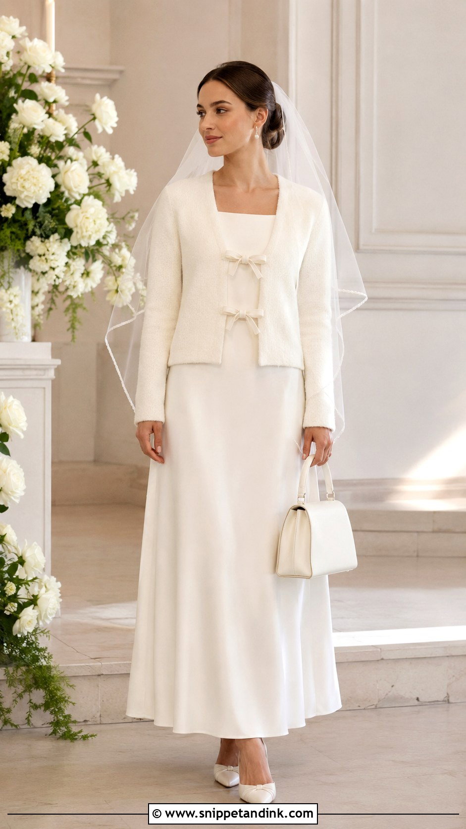 Bow Tie Bridal Cardigan With Square Neck Wedding Dress - Snippet and Ink - 20 Bridal Cardigan Ideas