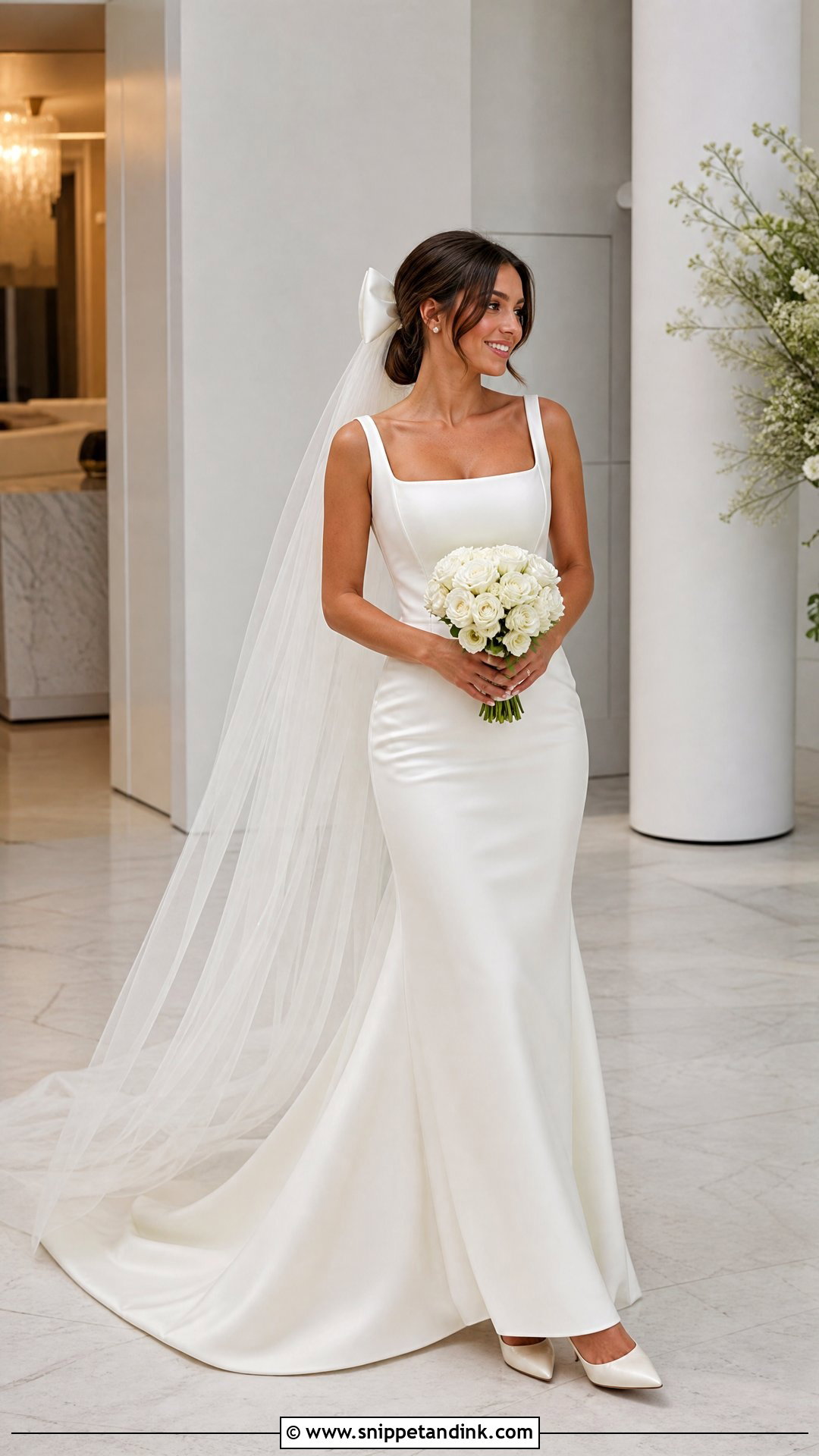 Bow Veil With Square Neck Wedding Dress - Snippet and Ink - 20 Veiled Bride Ideas