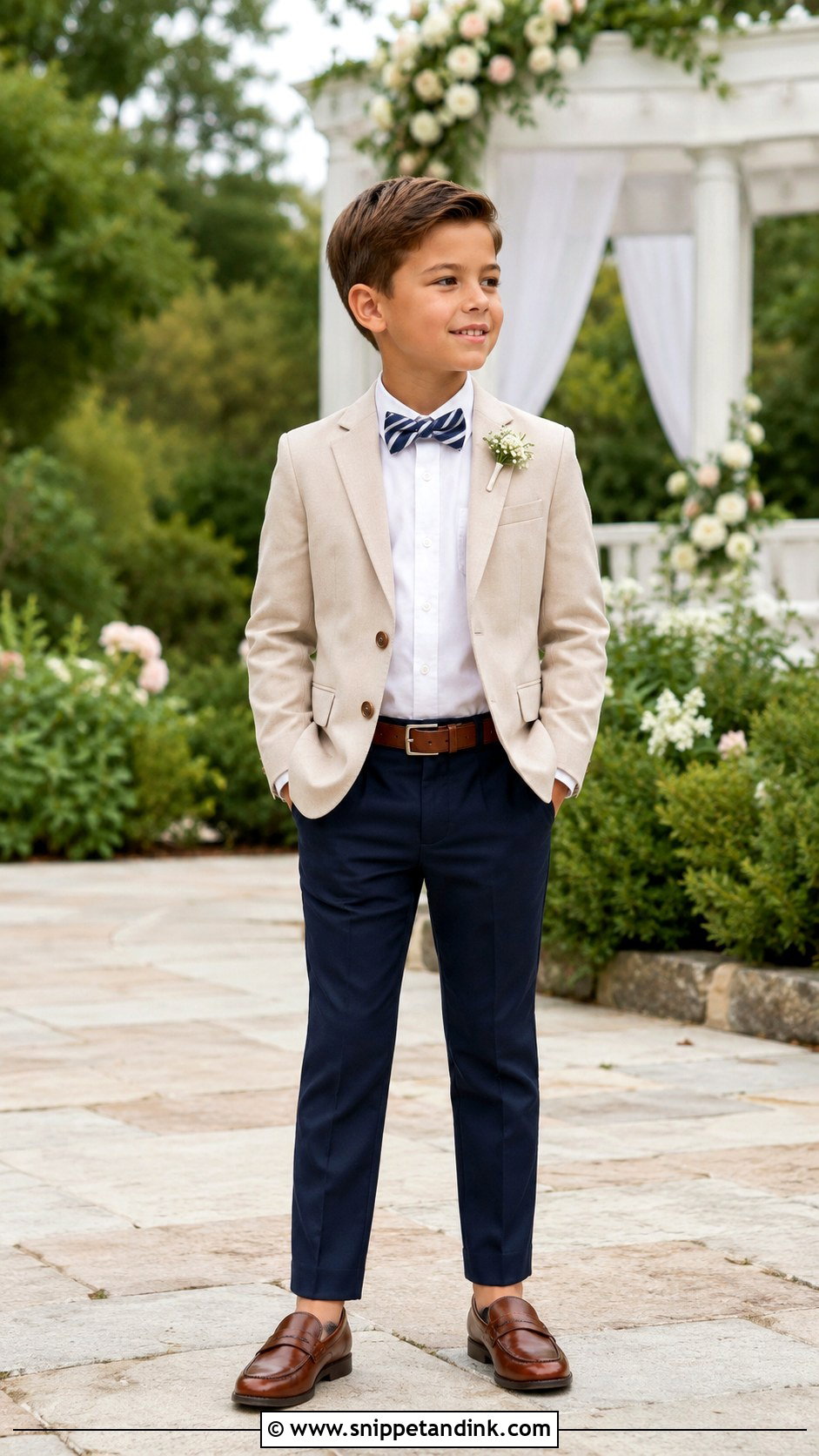Boys Beige Blazer And Navy Pants Outfit - Snippet and Ink - 25 Wedding Dress for Boys Ideas