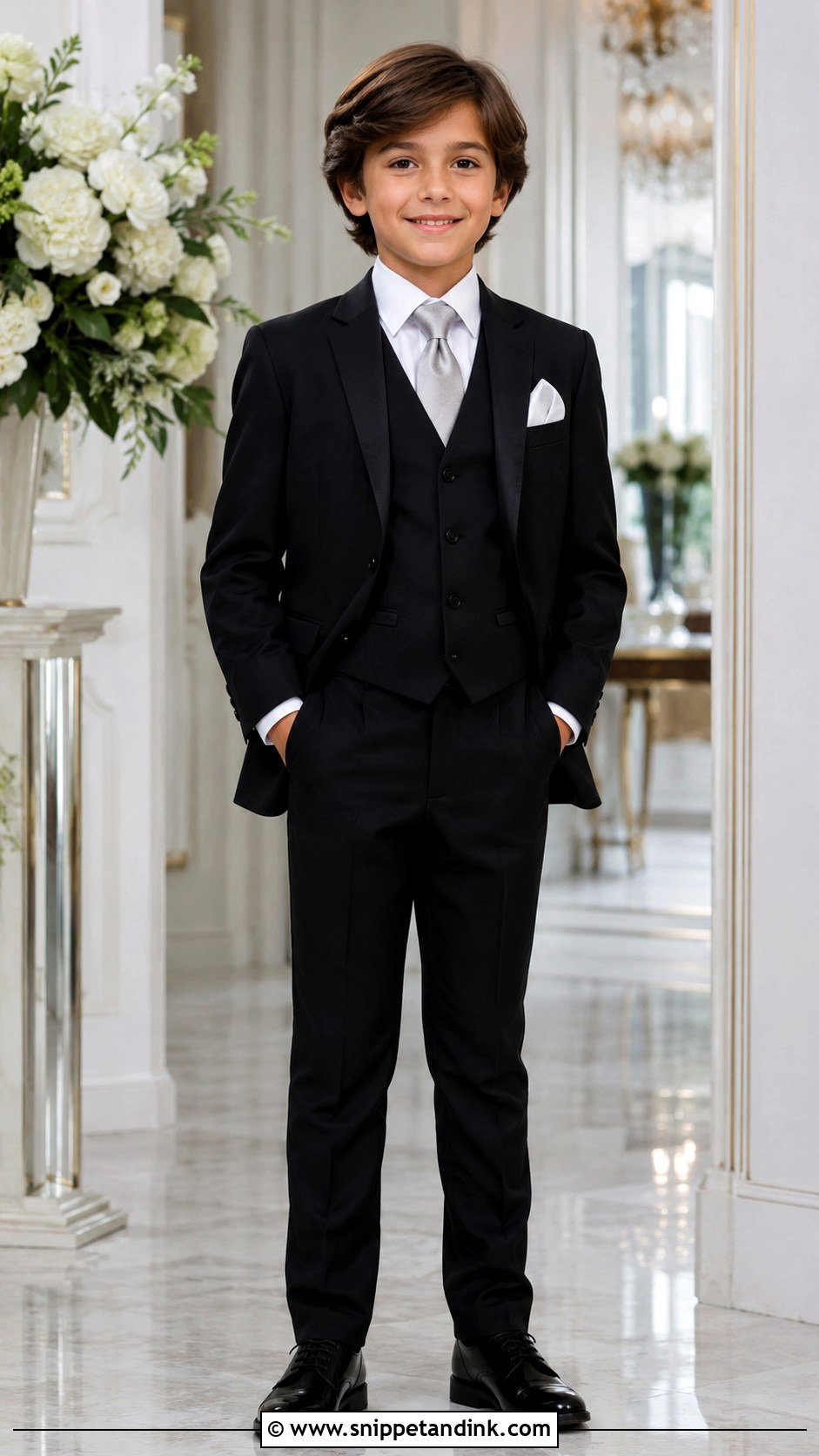 Boys Black Suit With Silver Tie - Snippet and Ink - 20 Boys Suit Outfit Ideas for Wedding