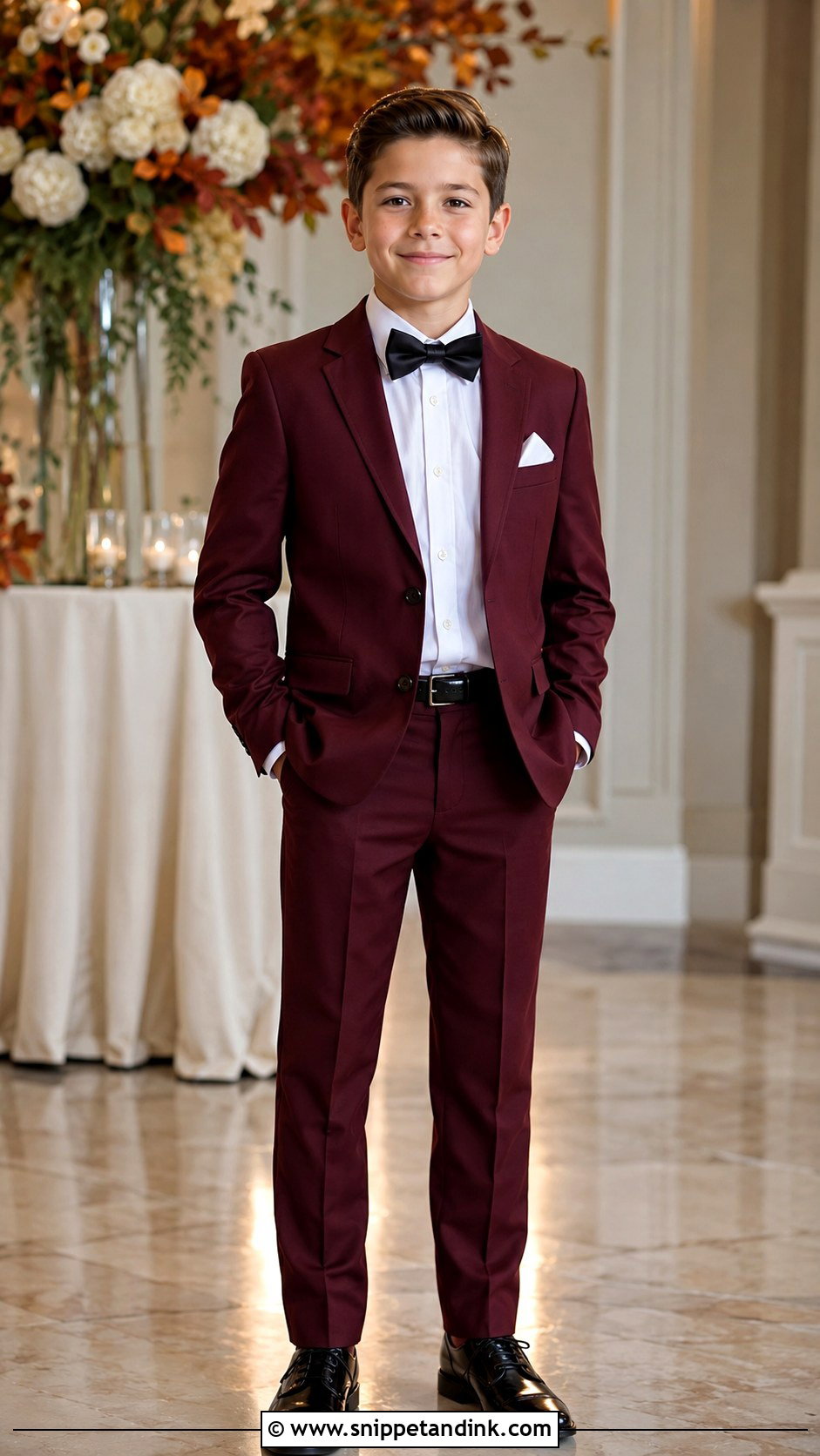 Boys Burgundy Suit With Black Shoes - Snippet and Ink - 20 Boys Suit Outfit Ideas for Wedding