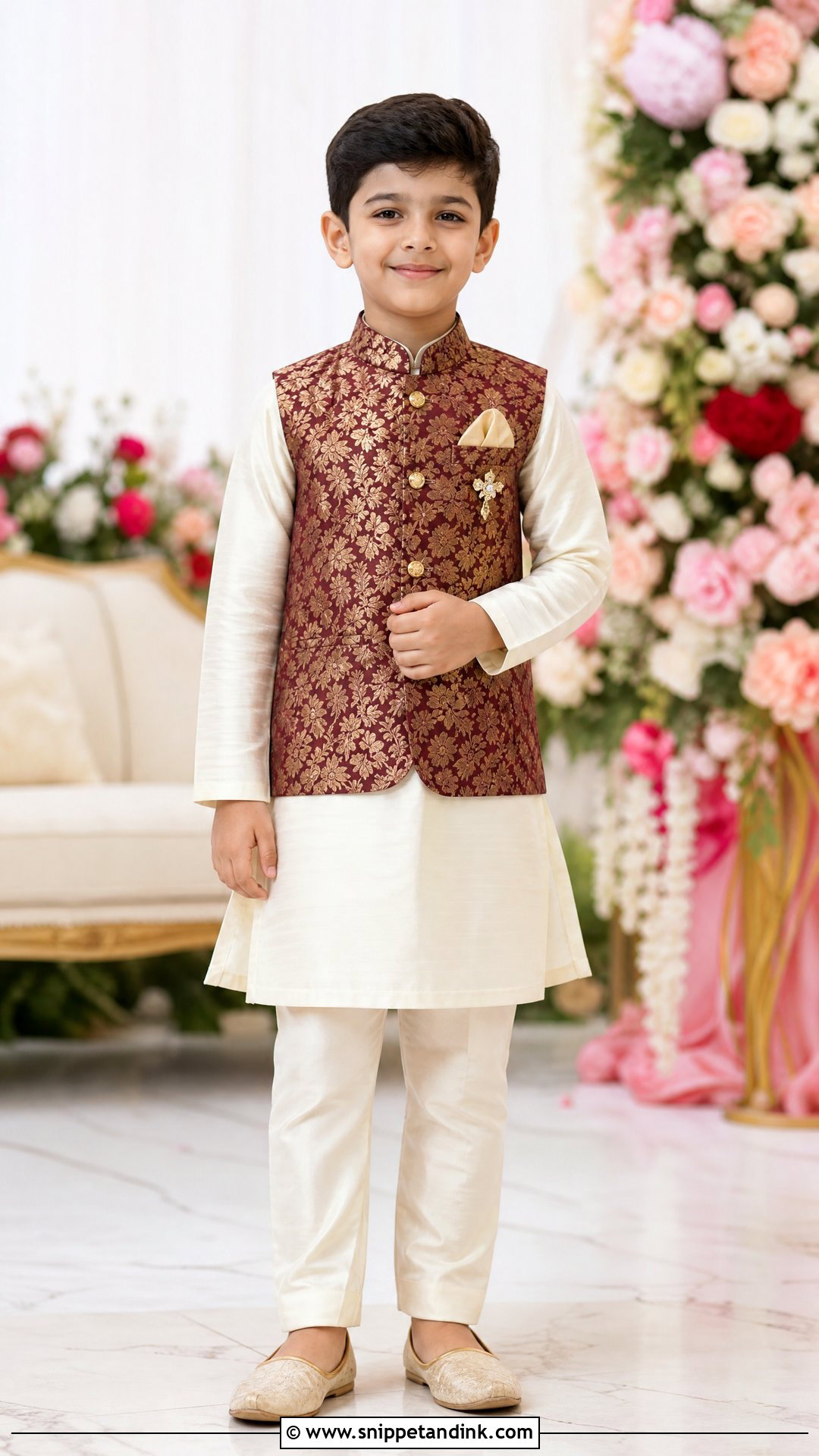 Boys Cream Kurta With Brocade Waistcoat - Snippet and Ink - 20 Indian Boys Marriage Dress Ideas