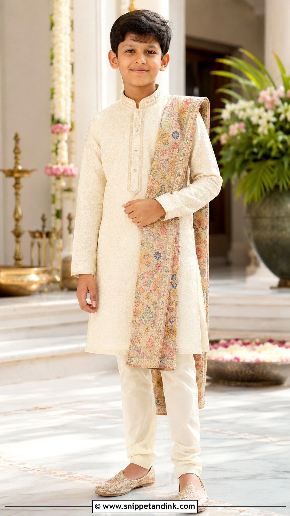 Boys Cream Kurta With Printed Dupatta - Snippet and Ink - 30 Indian Boys Wedding Outfit Ideas