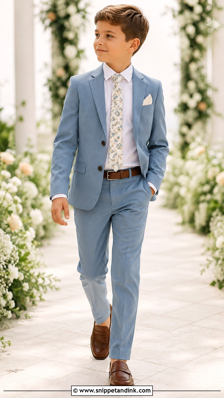 Boys Dusty Blue Suit With Brown Loafers - Snippet and Ink - 20 Boys Suit Outfit Ideas for Wedding