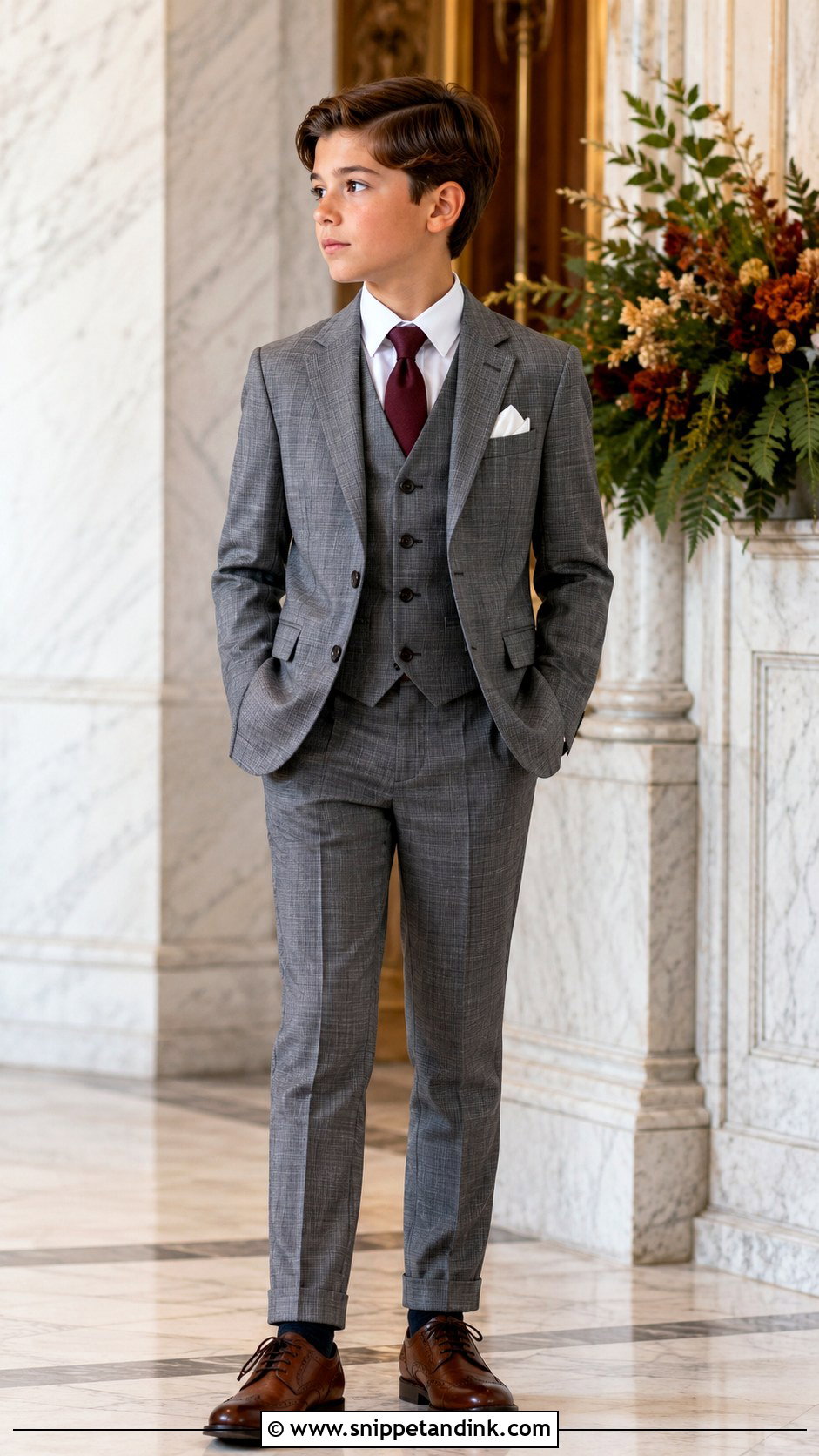 Boys Gray Plaid Suit With Burgundy Tie - Snippet and Ink - 20 Boys Suit Outfit Ideas for Wedding