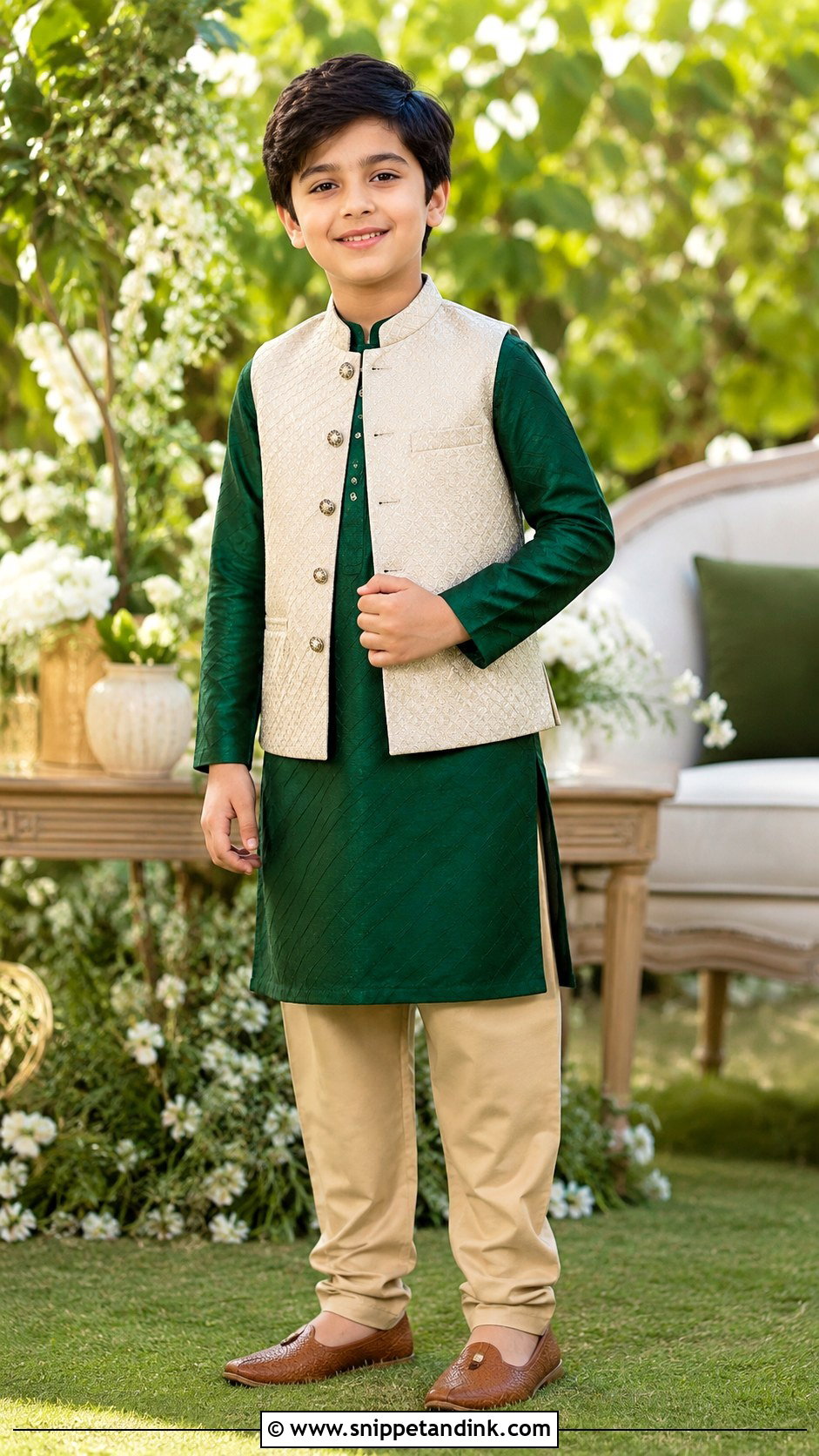 Boys Green Kurta With Beige Jacket - Snippet and Ink - 30 Indian Boys Wedding Outfit Ideas