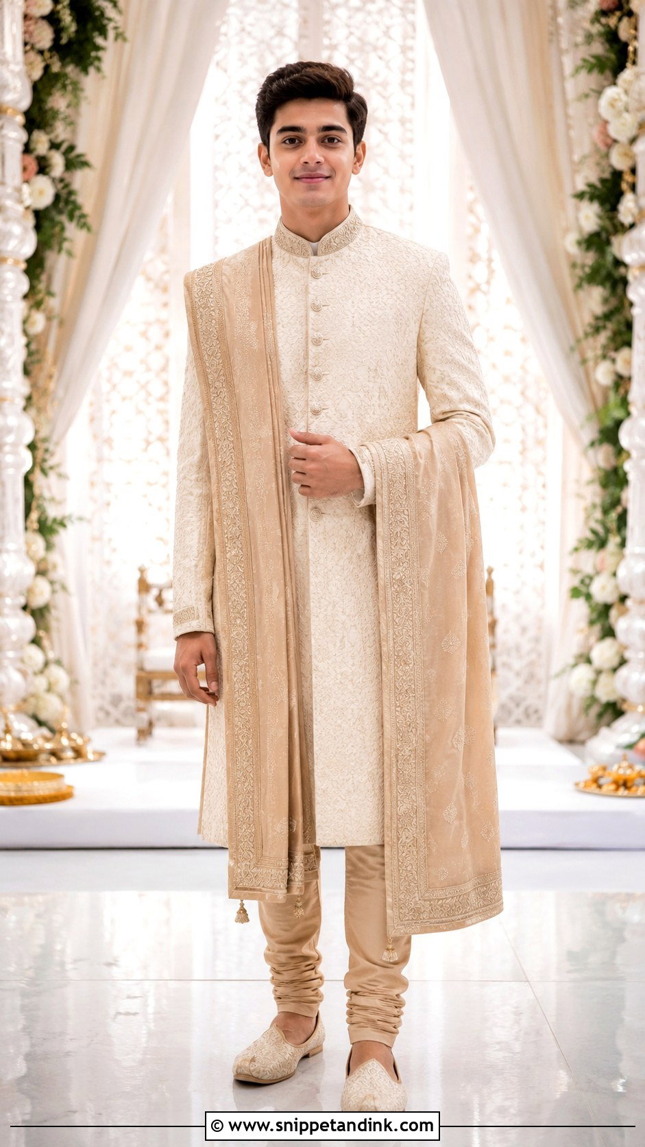 Boys Ivory Sherwani With Stole - Snippet and Ink - 30 Indian Boys Wedding Outfit Ideas
