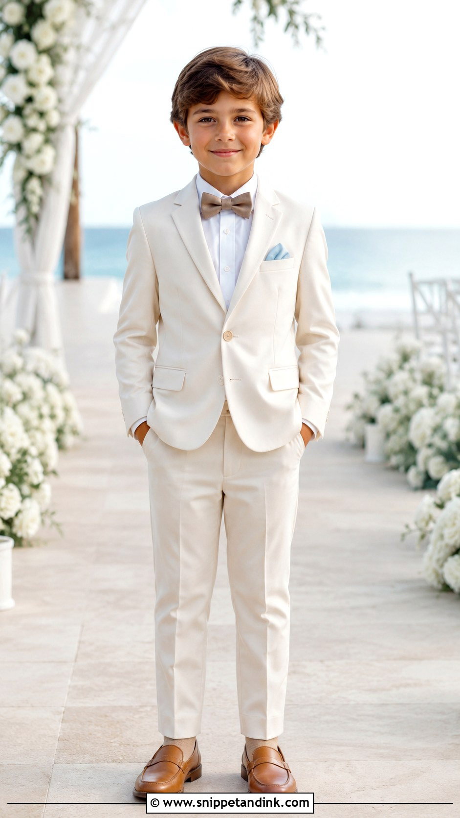 Boys Ivory Suit With Tan Accessories - Snippet and Ink - 20 Boys Suit Outfit Ideas for Wedding
