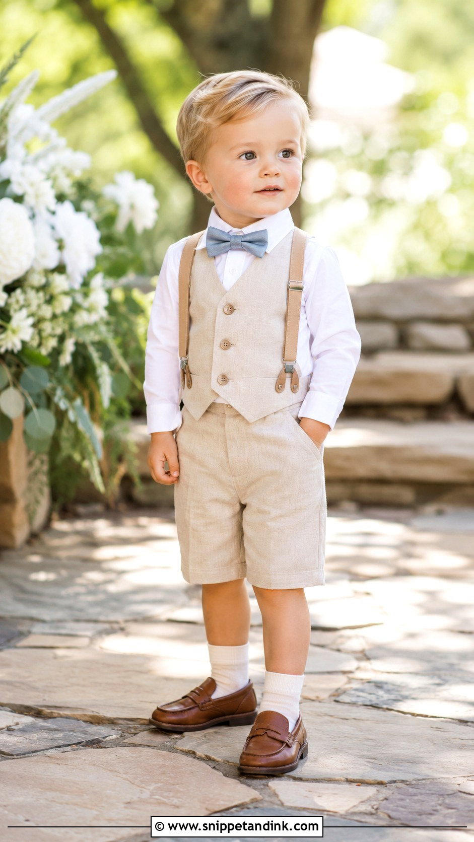 Boys Khaki Shorts Suit With Suspenders - Snippet and Ink - 20 Boys Suit Outfit Ideas for Wedding