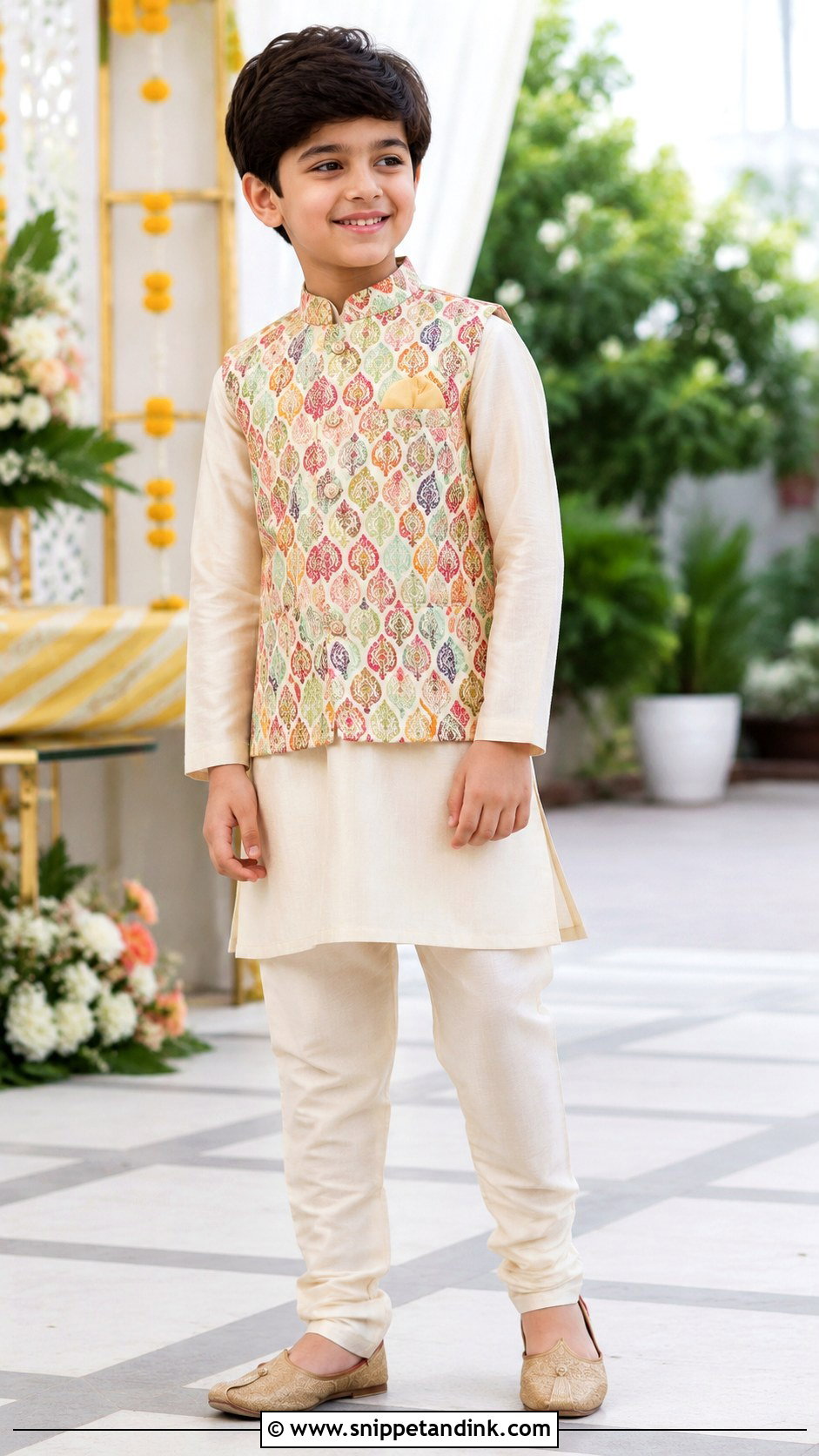 Boys Kurta With Printed Waistcoat - Snippet and Ink - 30 Indian Boys Wedding Outfit Ideas
