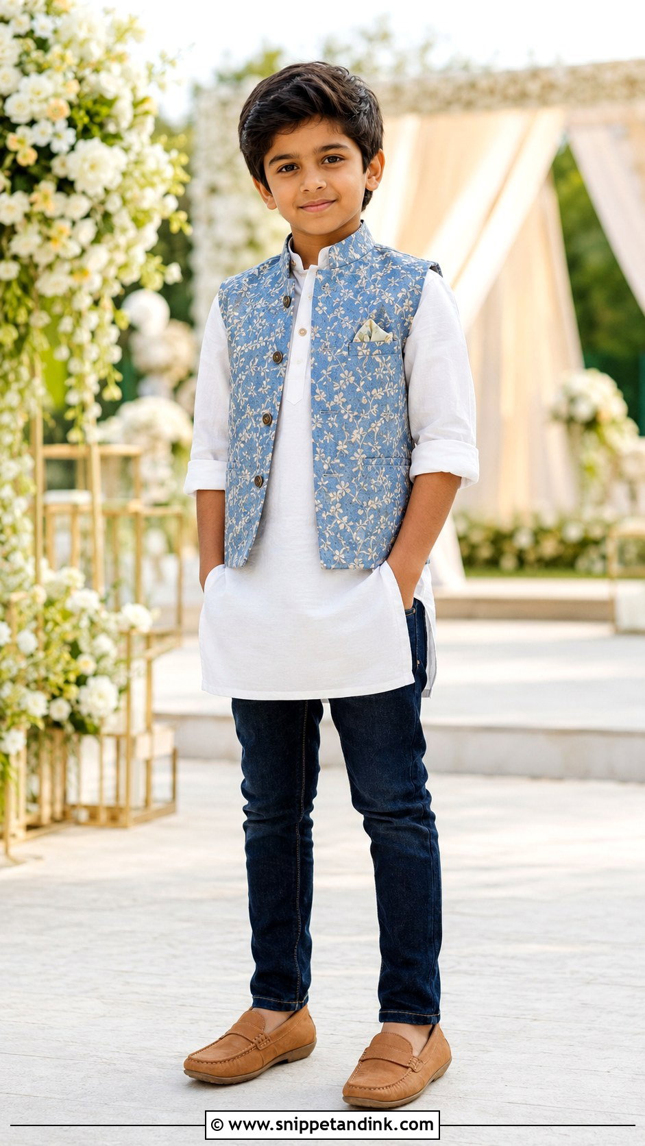 Boys Kurta With Sleeveless Jacket And Jeans - Snippet and Ink - 30 Indian Boys Wedding Outfit Ideas