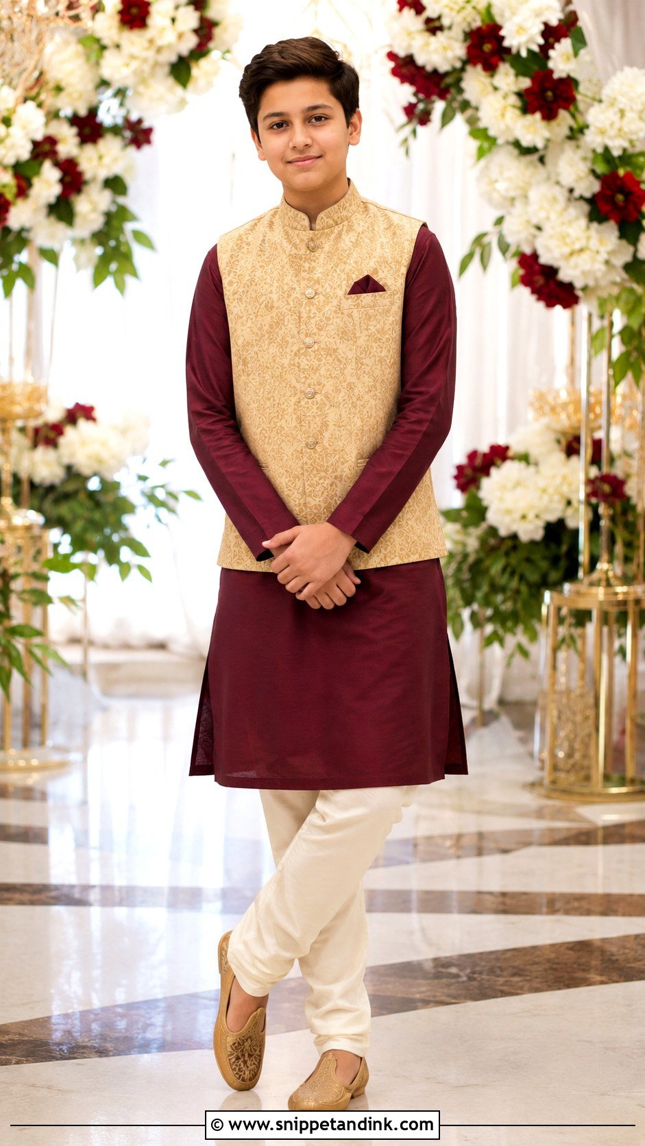 Boys Maroon Kurta With Gold Jacket - Snippet and Ink - 30 Indian Boys Wedding Outfit Ideas