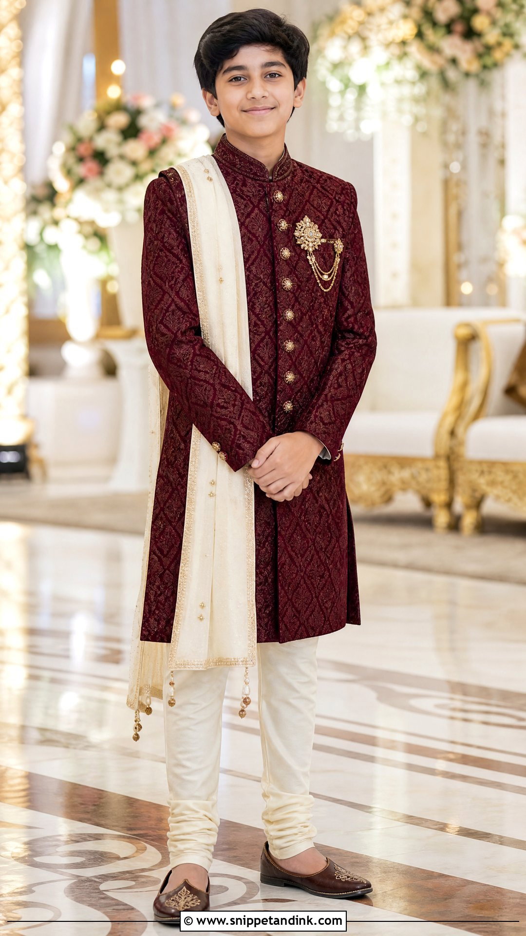 Boys Maroon Sherwani With Cream Pants - Snippet and Ink - 20 Indian Boys Marriage Dress Ideas