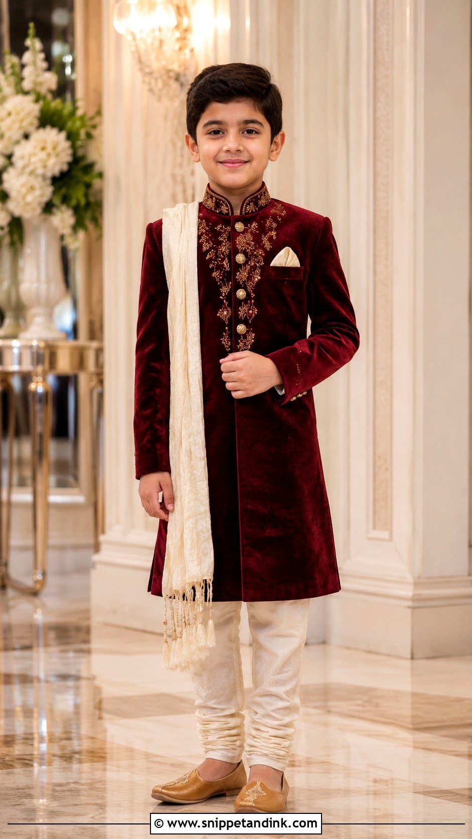 Boys Maroon Velvet Sherwani Outfit - Snippet and Ink - 20 Boys Marriage Outfit Ideas