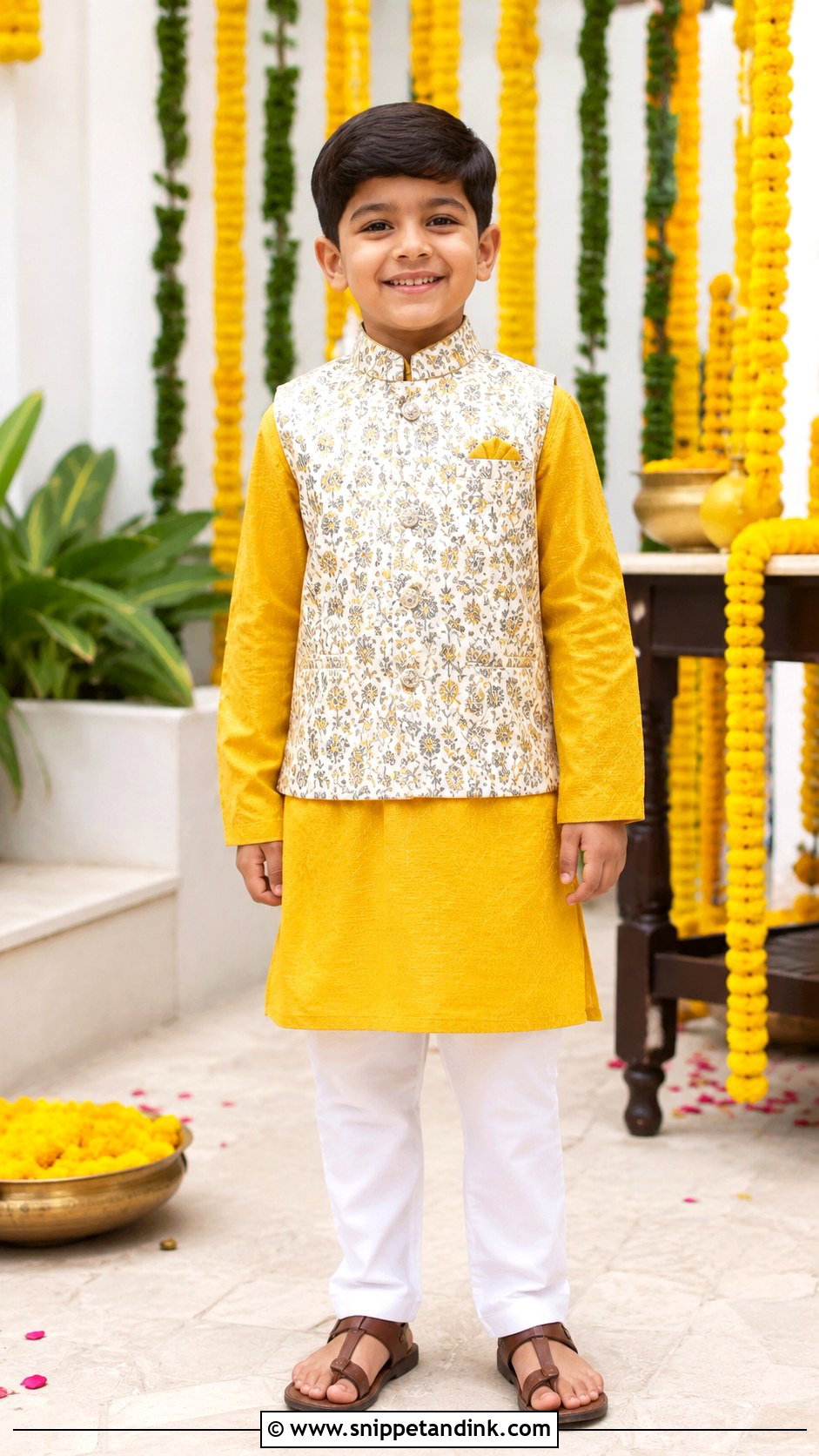 Boys Mustard Kurta With White Pajama - Snippet and Ink - 30 Indian Boys Wedding Outfit Ideas