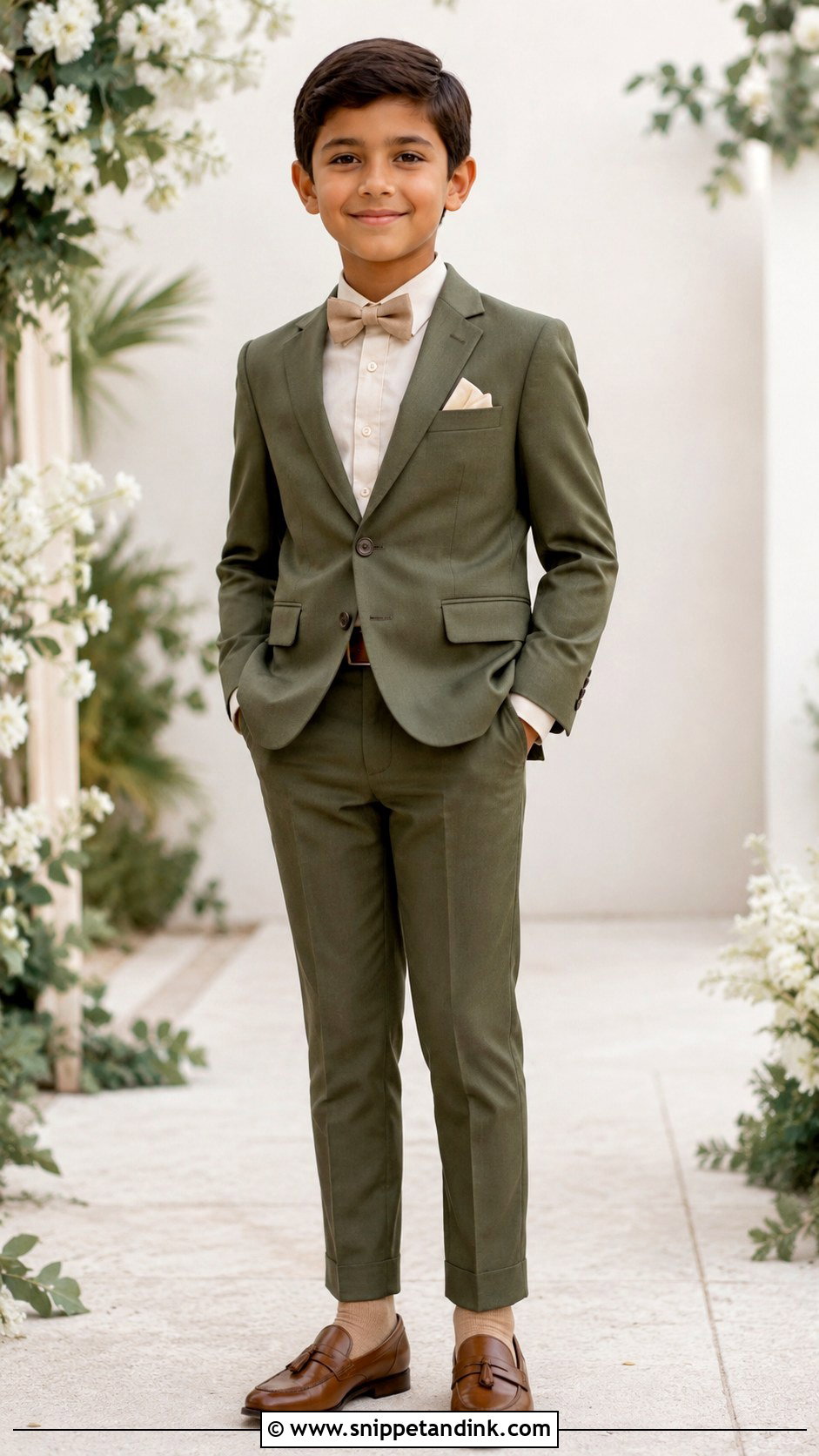 Boys Olive Green Suit With Tan Shoes - Snippet and Ink - 20 Boys Suit Outfit Ideas for Wedding