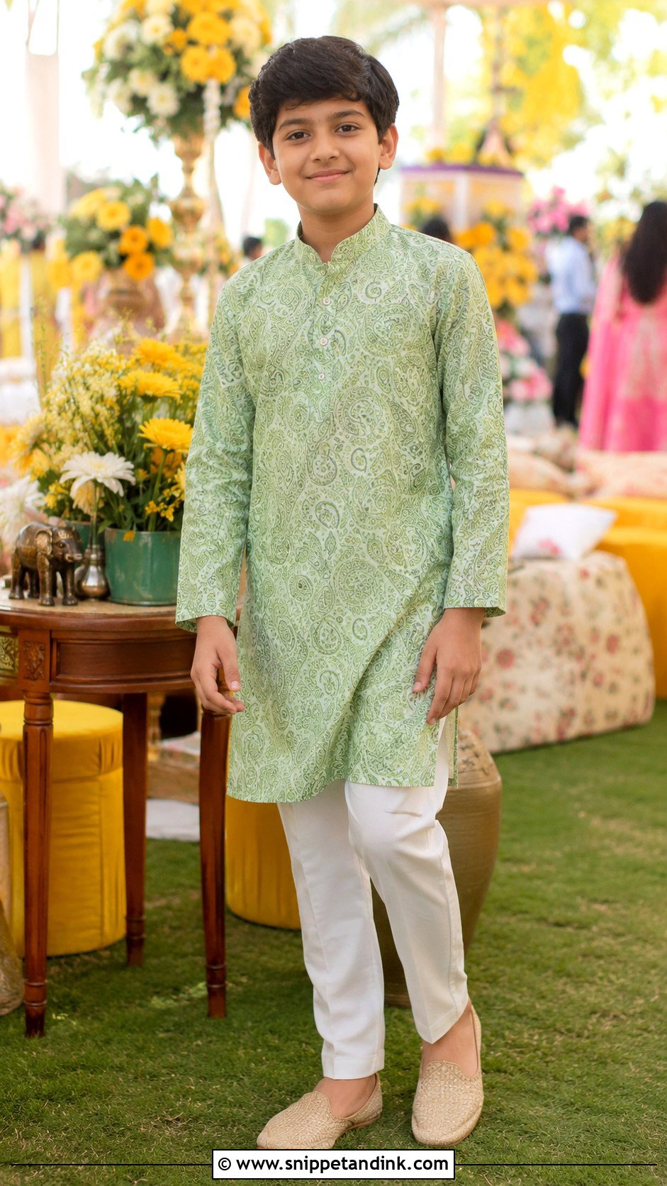 Boys Printed Kurta With White Pajama - Snippet and Ink - 30 Indian Boys Wedding Outfit Ideas