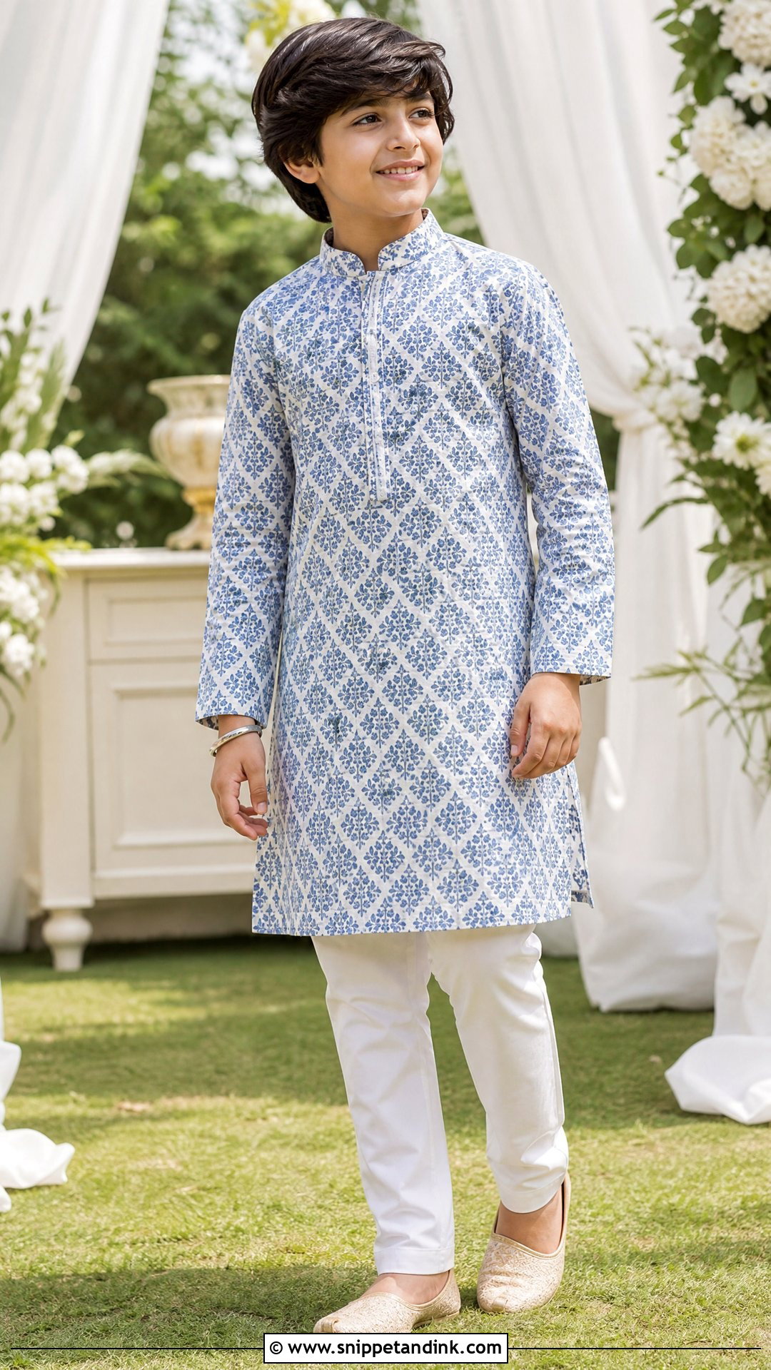 Boys Printed Kurta With White Pants - Snippet and Ink - 20 Indian Boys Marriage Dress Ideas