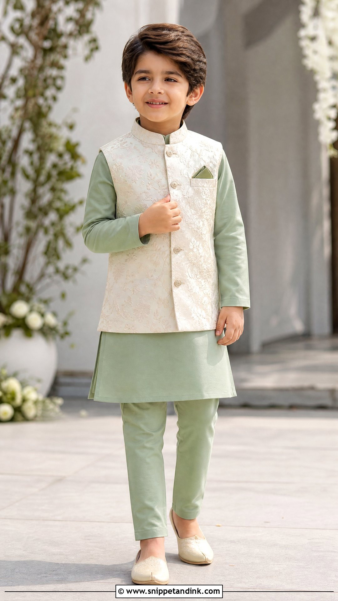 Boys Sage Green Kurta With Jacket - Snippet and Ink - 20 Indian Boys Marriage Dress Ideas