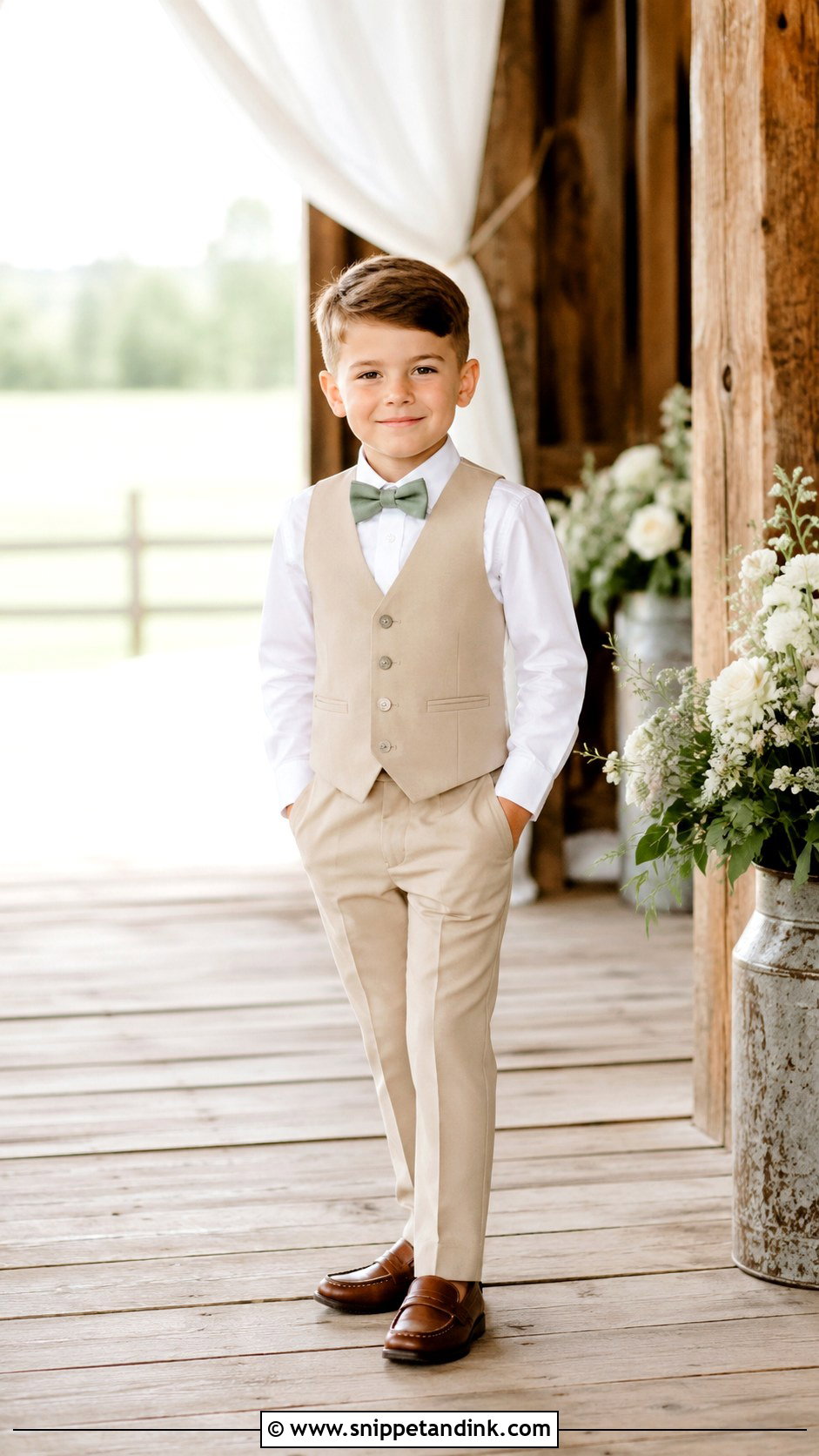 Boys Tan Vest Suit With Dress Pants - Snippet and Ink - 20 Boys Suit Outfit Ideas for Wedding