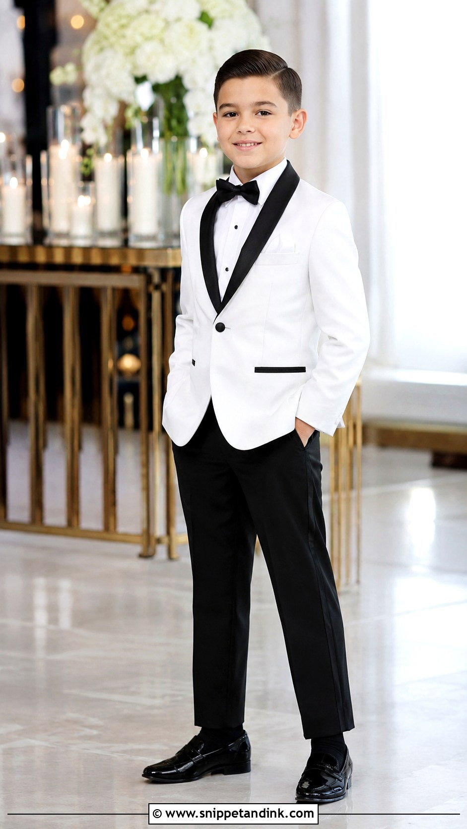 Boys White Dinner Jacket With Black Pants - Snippet and Ink - 20 Boys Suit Outfit Ideas for Wedding