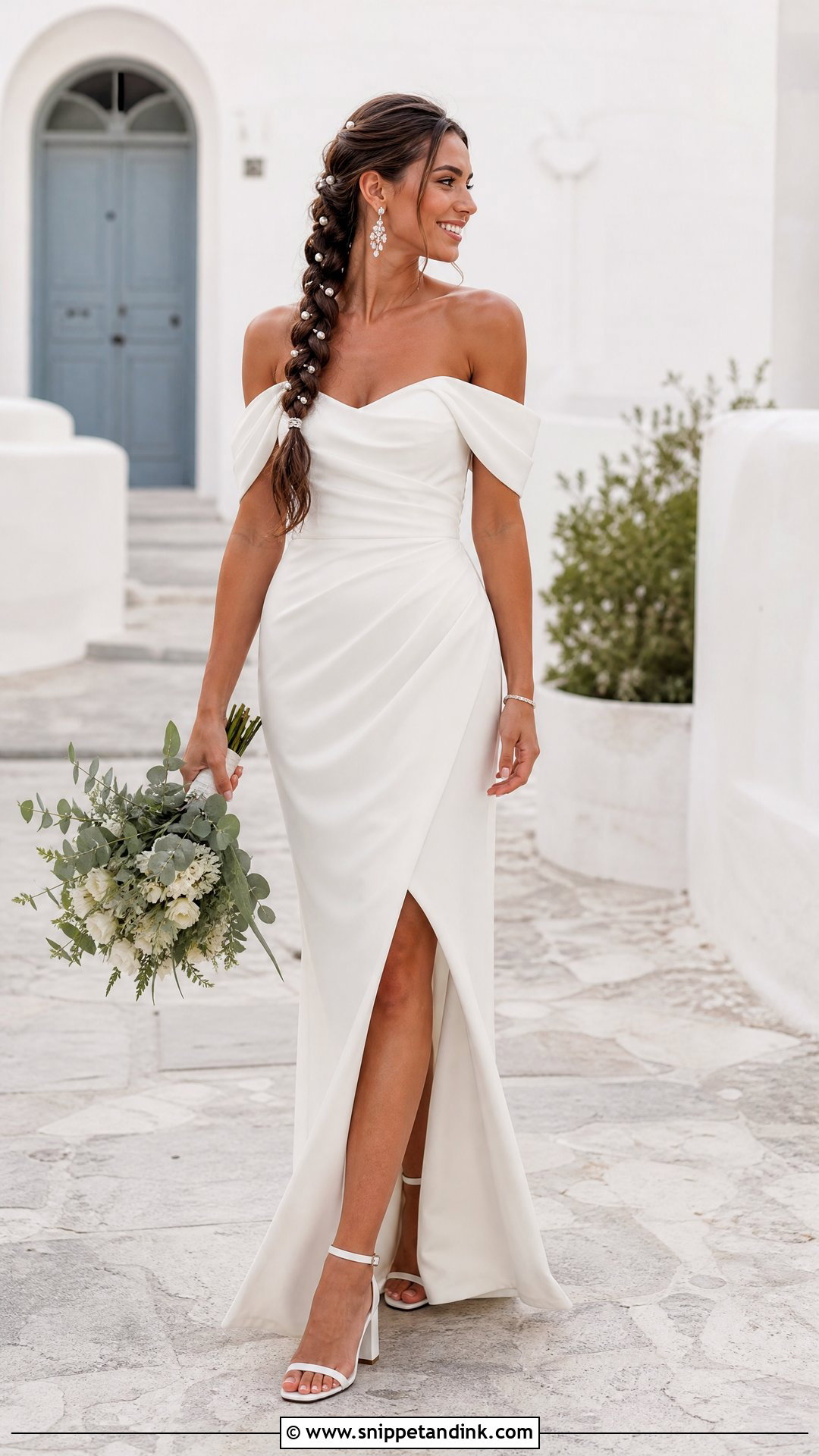 Braided Ponytail for Off the Shoulder Wedding Dress - Snippet and Ink - 25 Off the Shoulder Wedding Dress Hairstyle Ideas